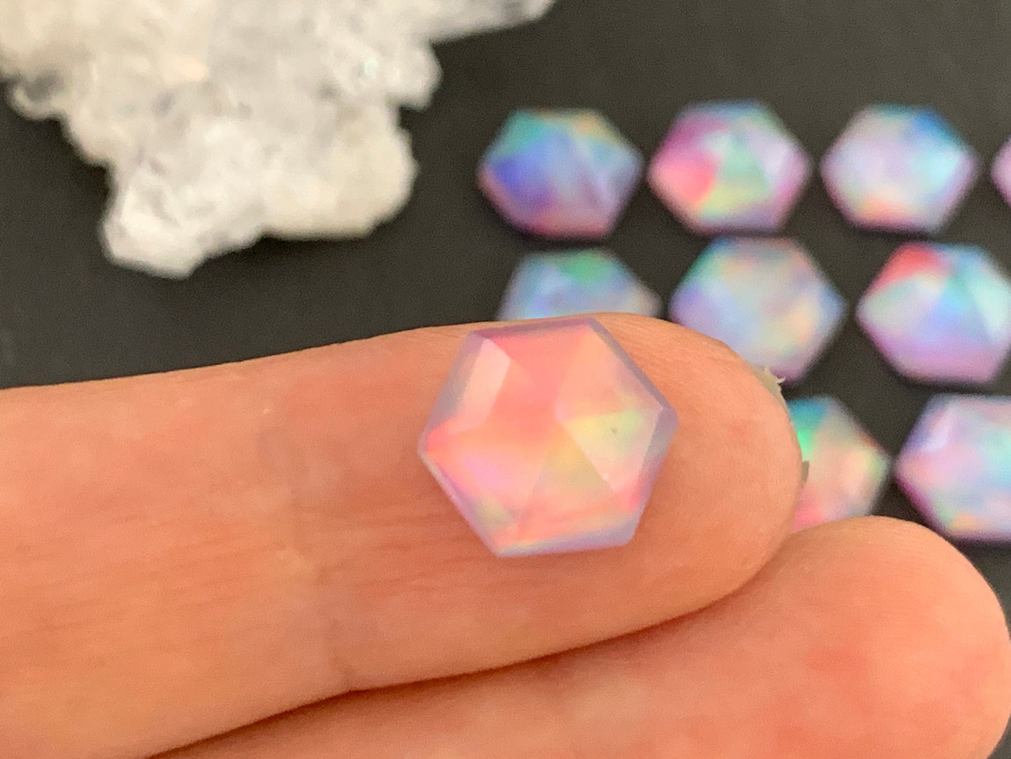 Faceted Aurora Opal hexagon 10mm cabochon - Doublet cabochons