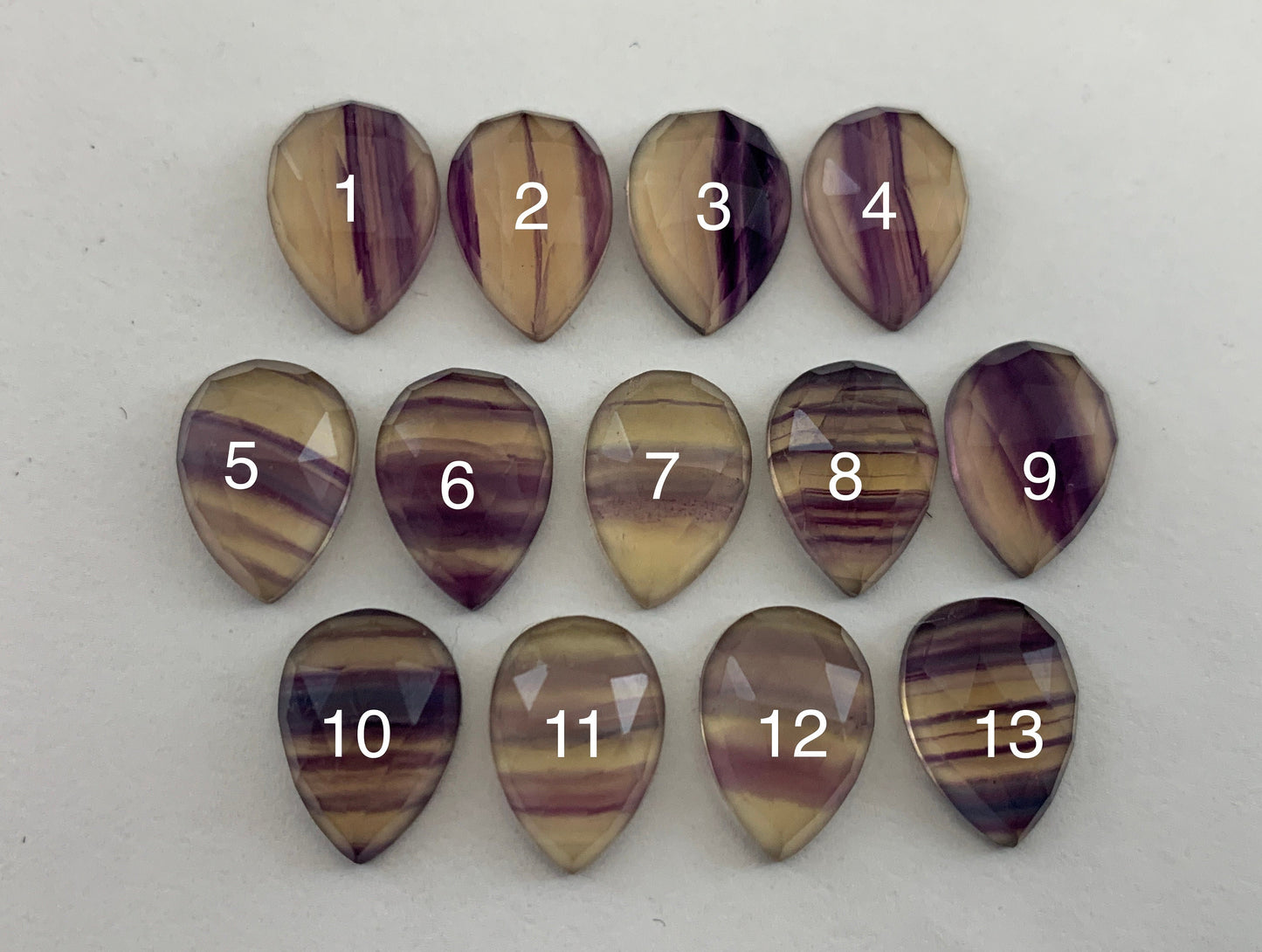 Faceted Fluorite pear 10x13mm cabochon