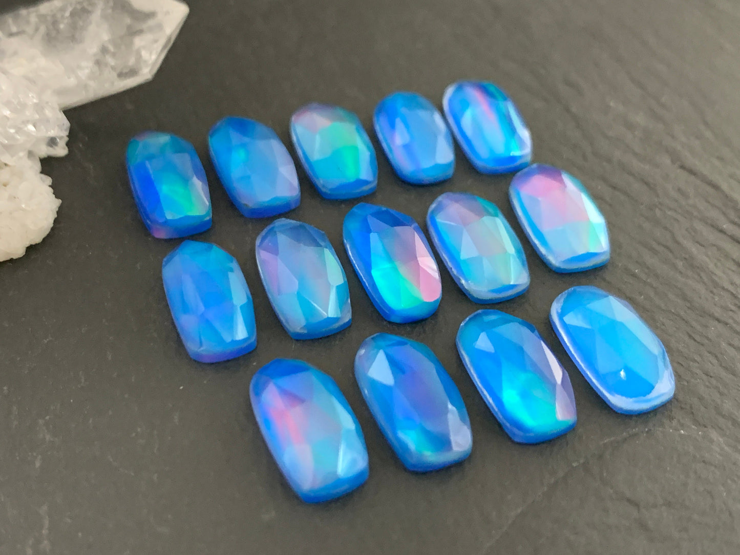 Faceted Aurora Opal 7x14mm cabochon - Doublet cabochon