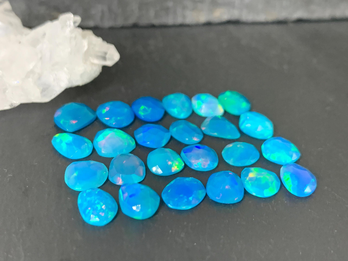 Faceted Blue Ethiopian Opal 7-9mm long cabochon