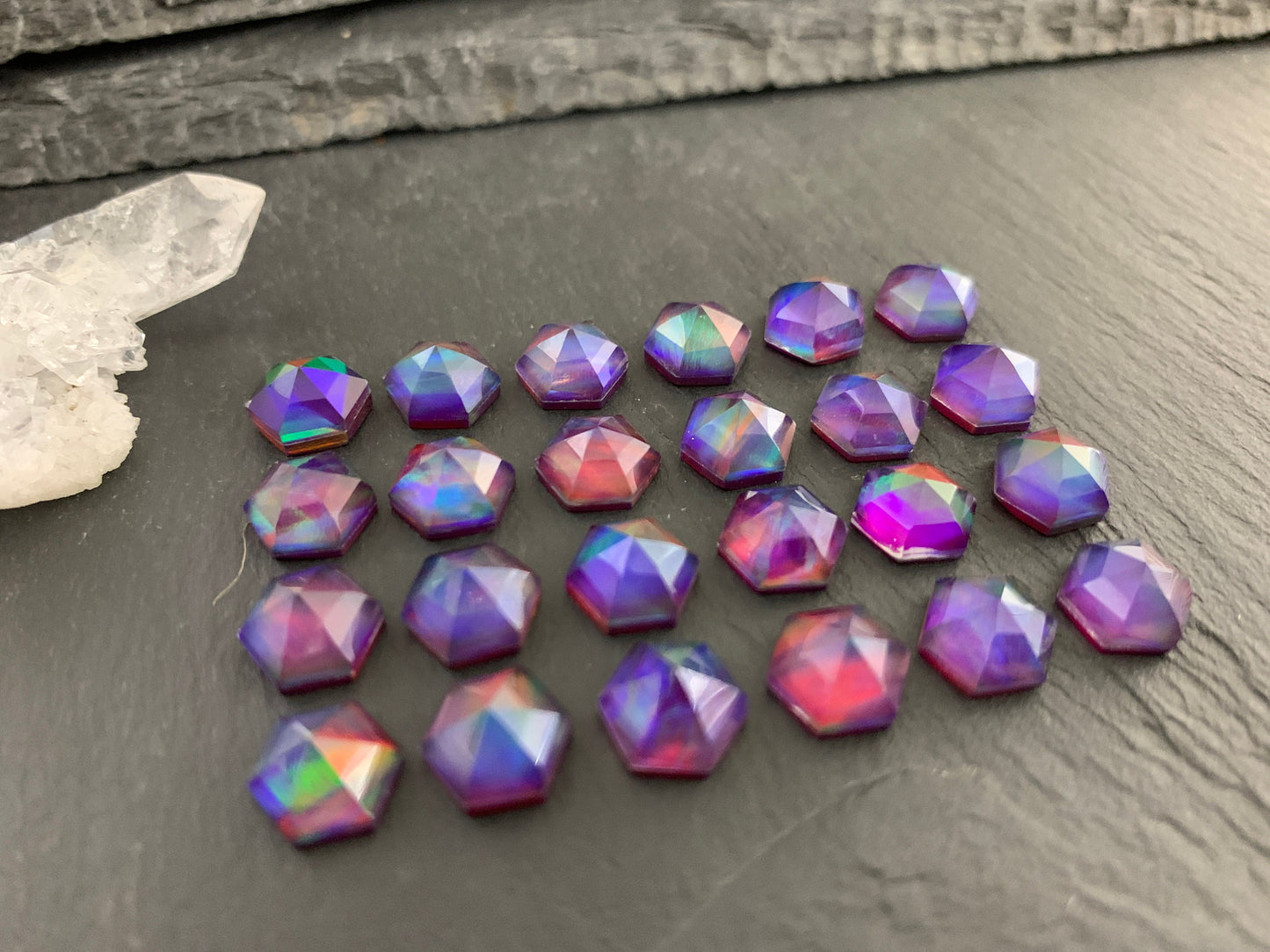 Faceted Aurora Opal hexagon 8mm cabochon - Doublet cabochons