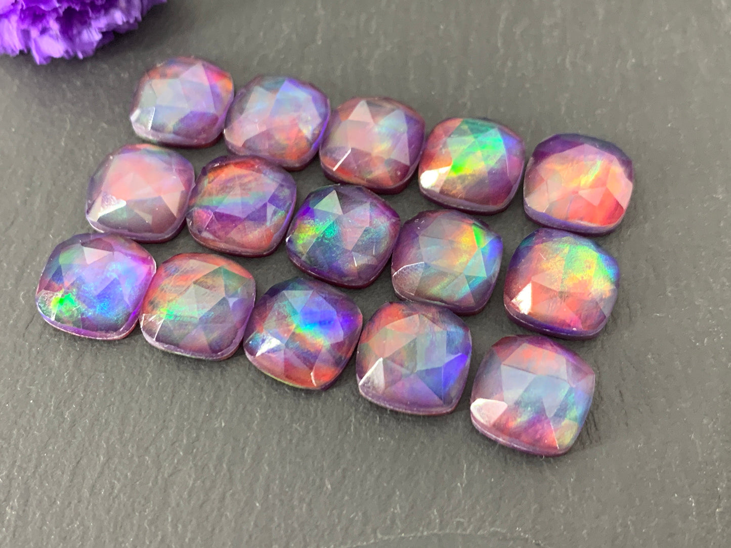 Faceted Aurora Opal square 10mm cabochon - Doublet cabochons