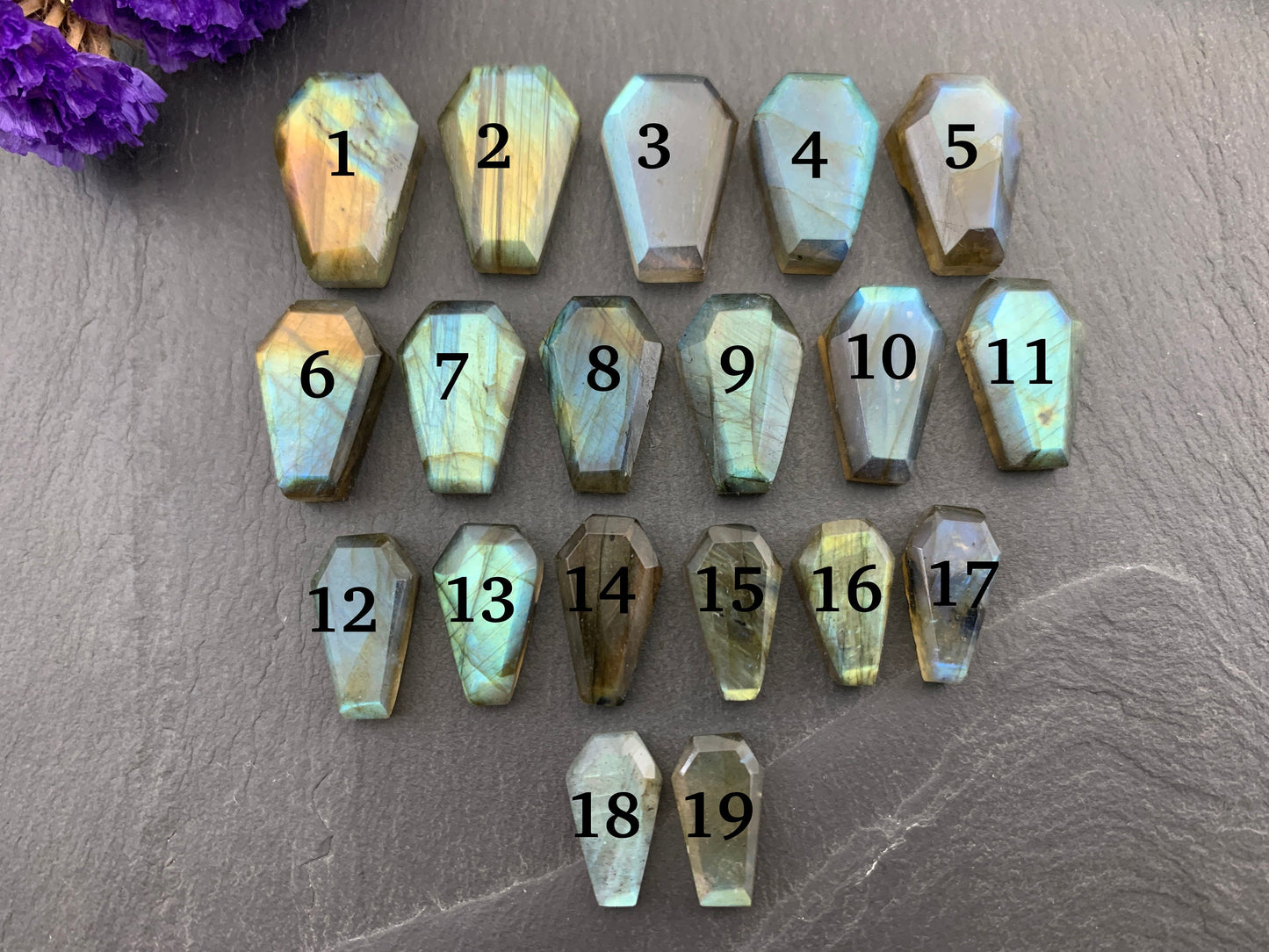 Faceted Labradorite coffin 15-22mm long cabochon