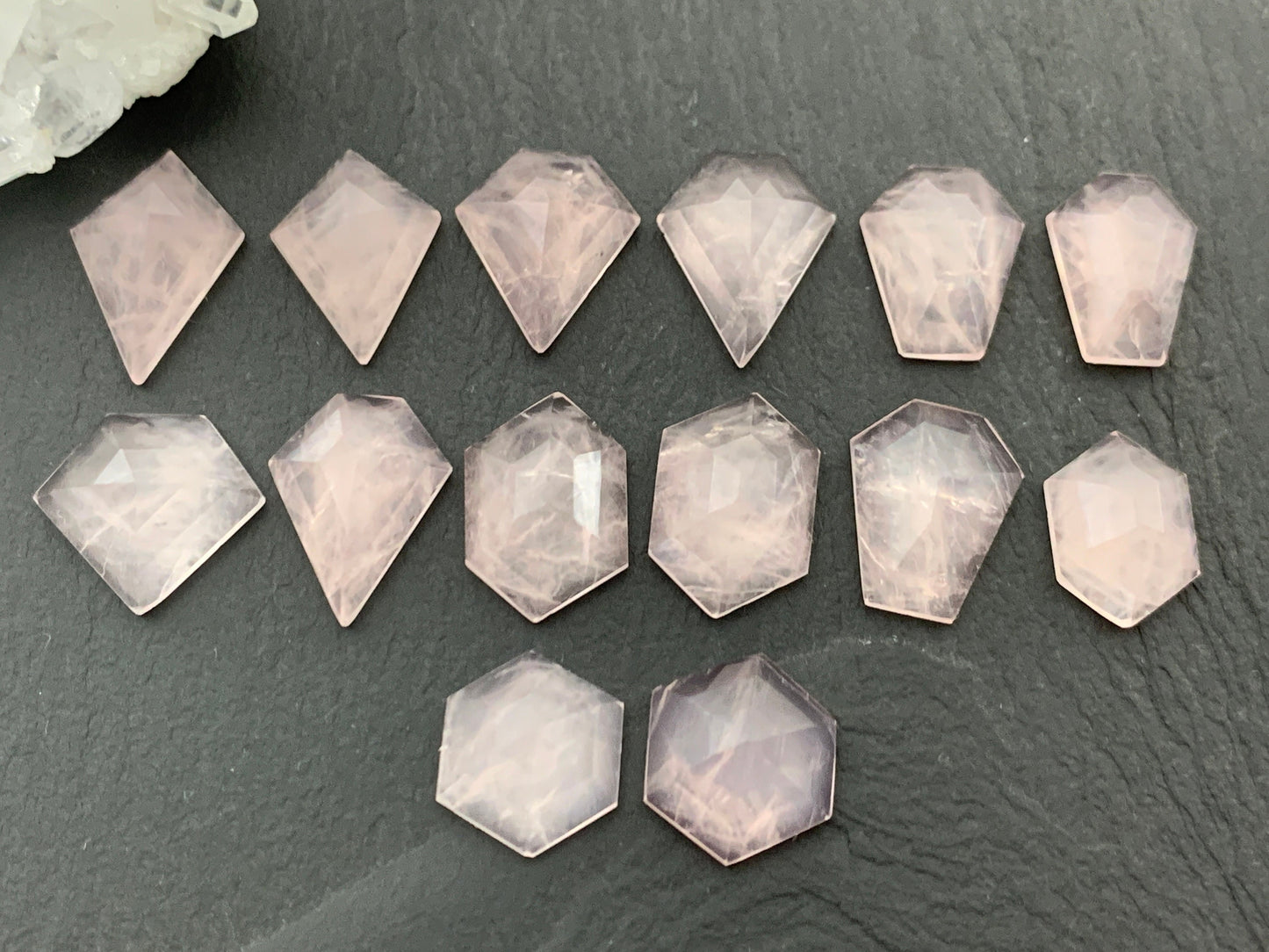 Faceted Rose Quartz kite, coffin, hexagon cabochons