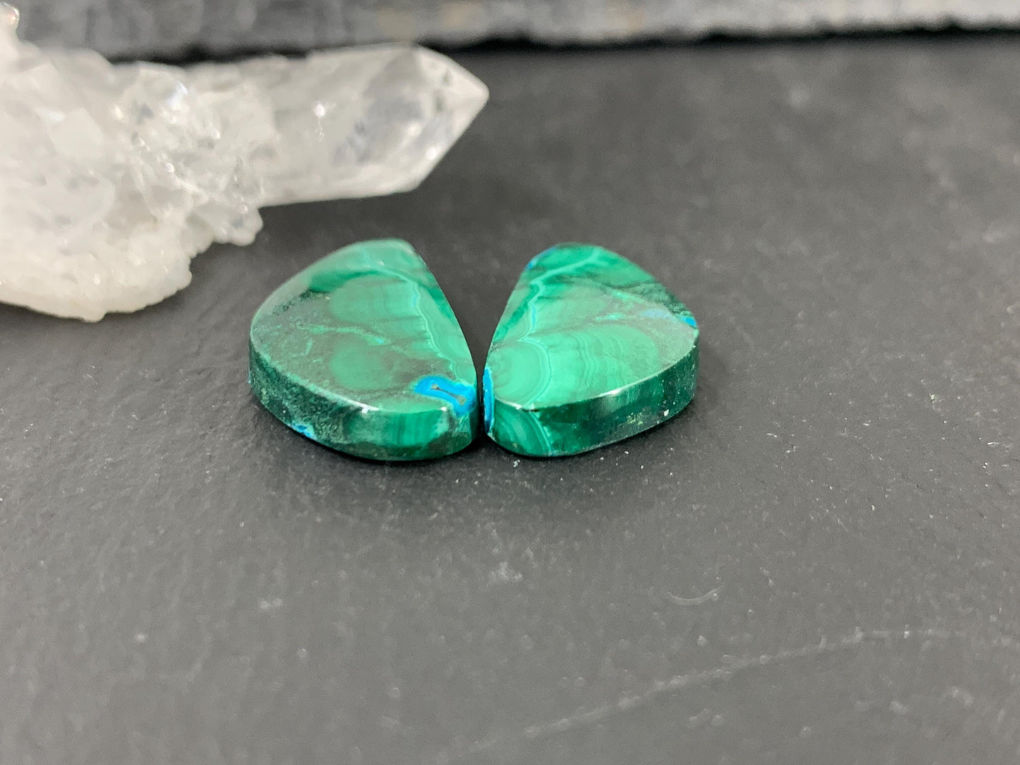 Malachite Chrysocolla free form 11x21x4mm cabochon pair