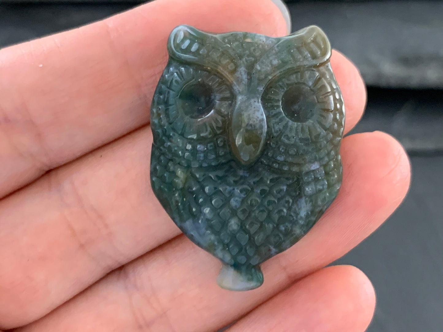 Ocean Jasper owl top drilled 25x35mm cabochon carving