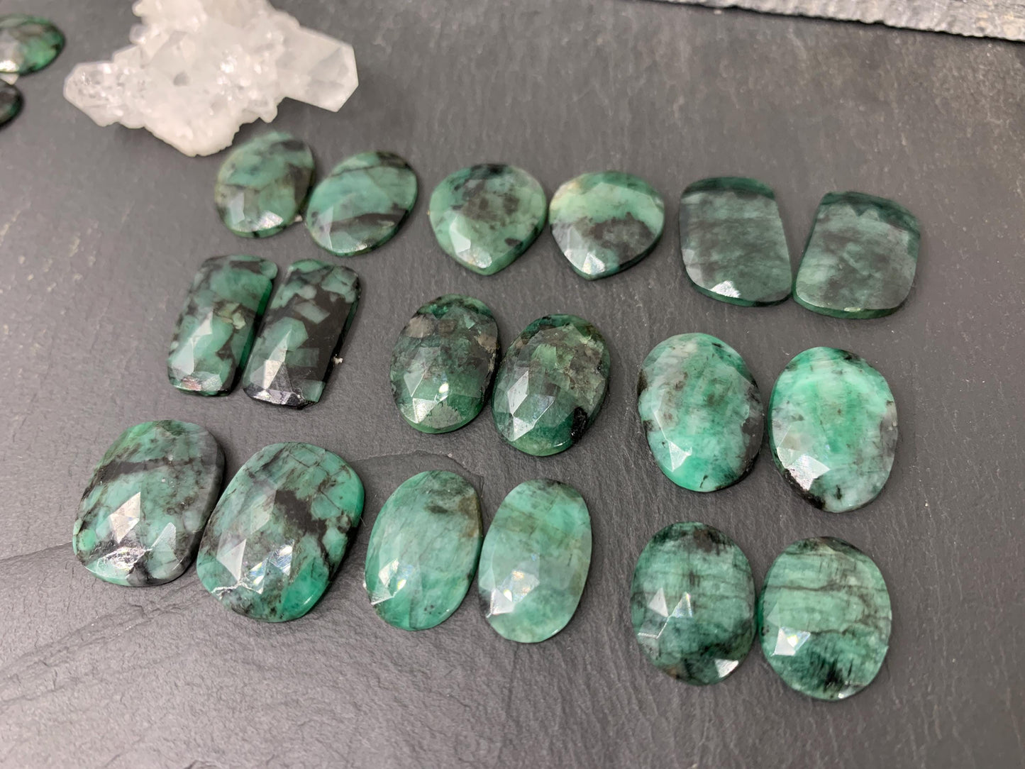 Faceted Emerald Pair 16-21mm long Cabochon
