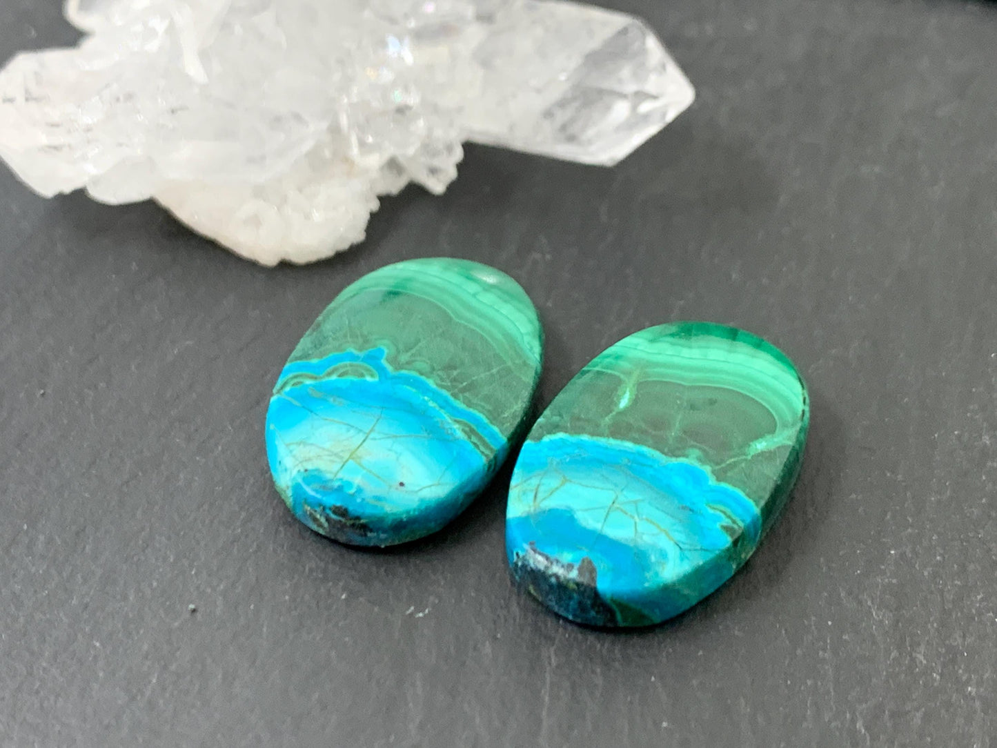 Discounted Malachite Chrysocolla oval 14x22x4mm cabochon pair
