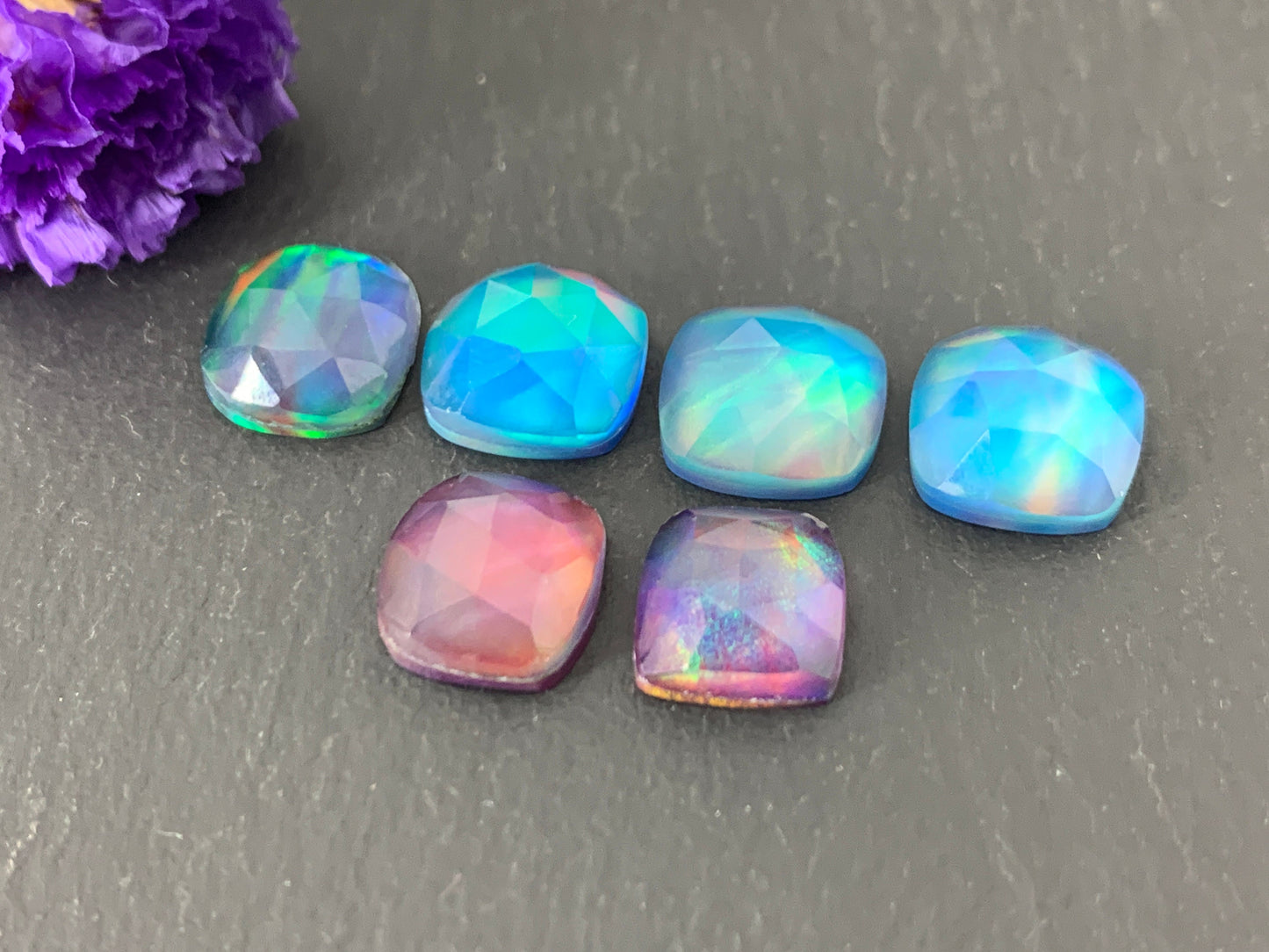 Faceted Aurora Opal square cabochon - Doublet cabochon