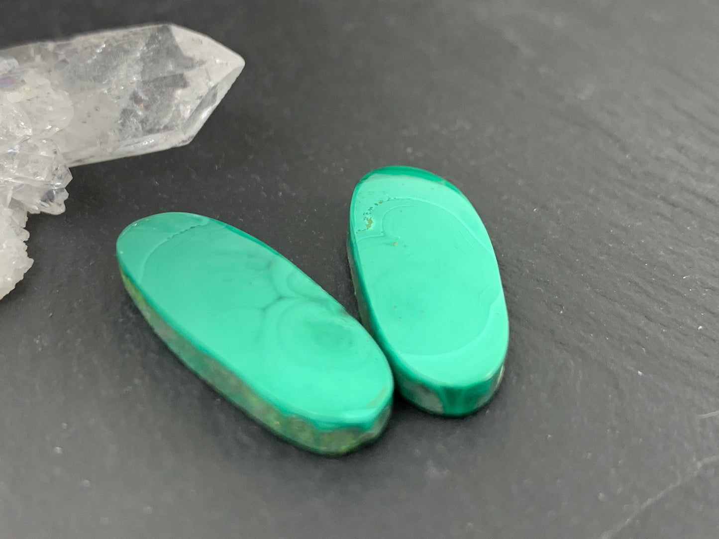 Malachite oval 9x25x4mm cabochon pair