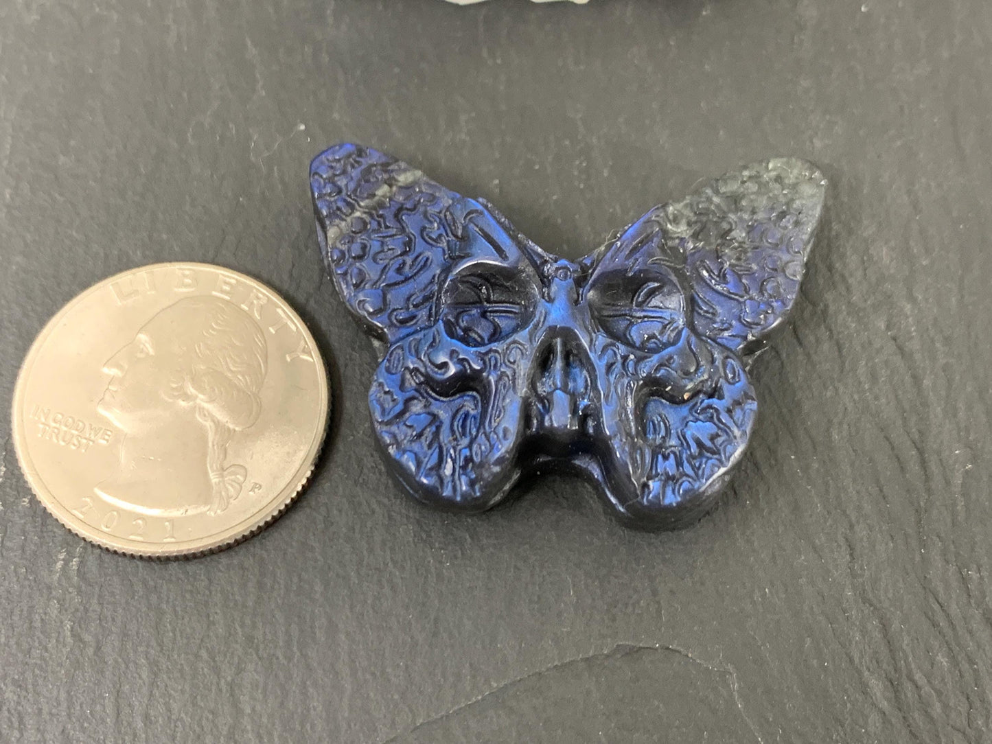 Labradorite Butterfly Carving 28x40mm Flat Back Gemstone - Hand Carved Ghost Face Design