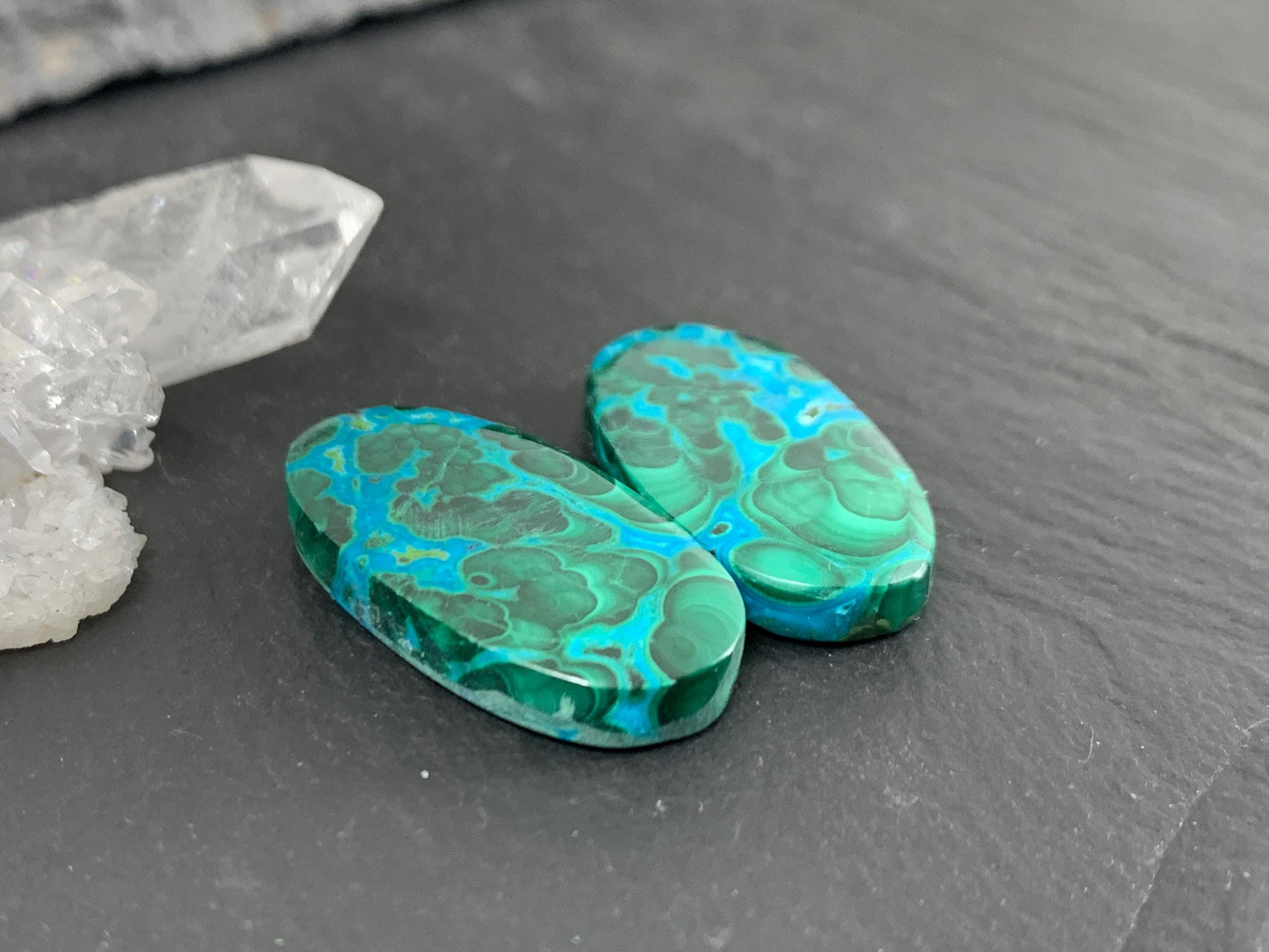 Discounted Malachite Chrysocolla oval 13x24x4mm cabochon pair