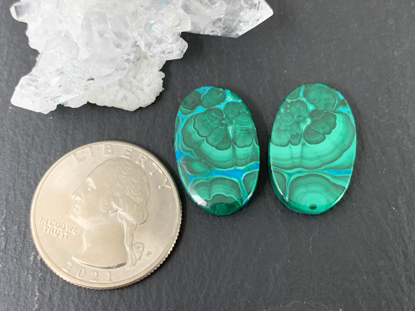 Malachite Chrysocolla oval 14x21x4mm cabochon pair