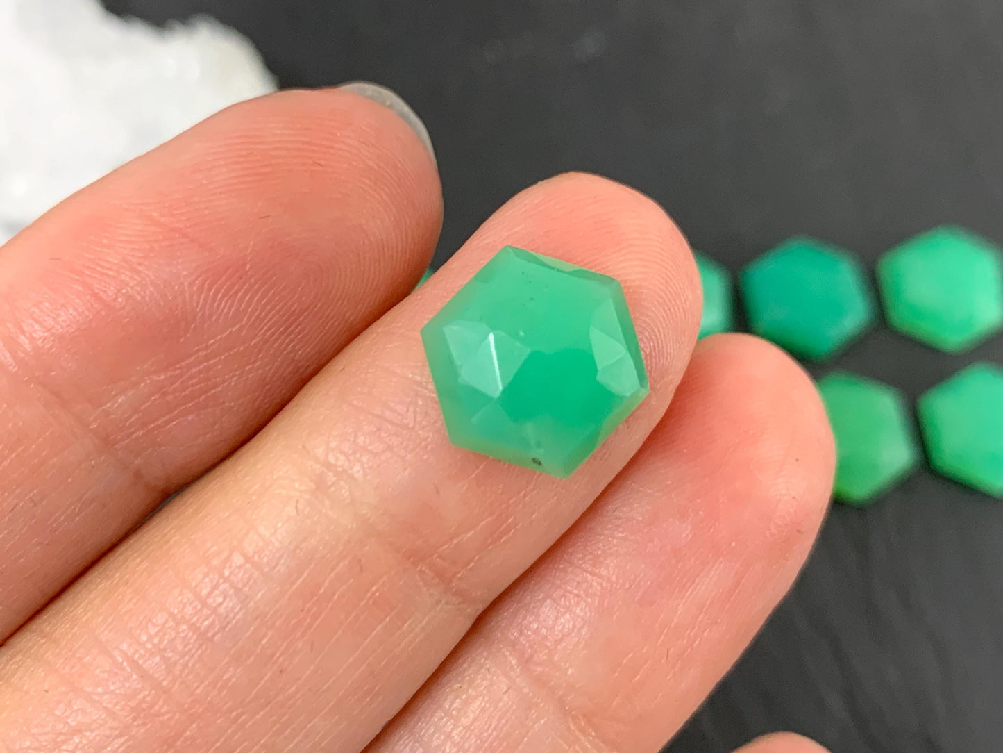 Faceted Chrysoprase Cabochon - 10mm Hexagonal Faceted Green Jewel for Jewelry Making