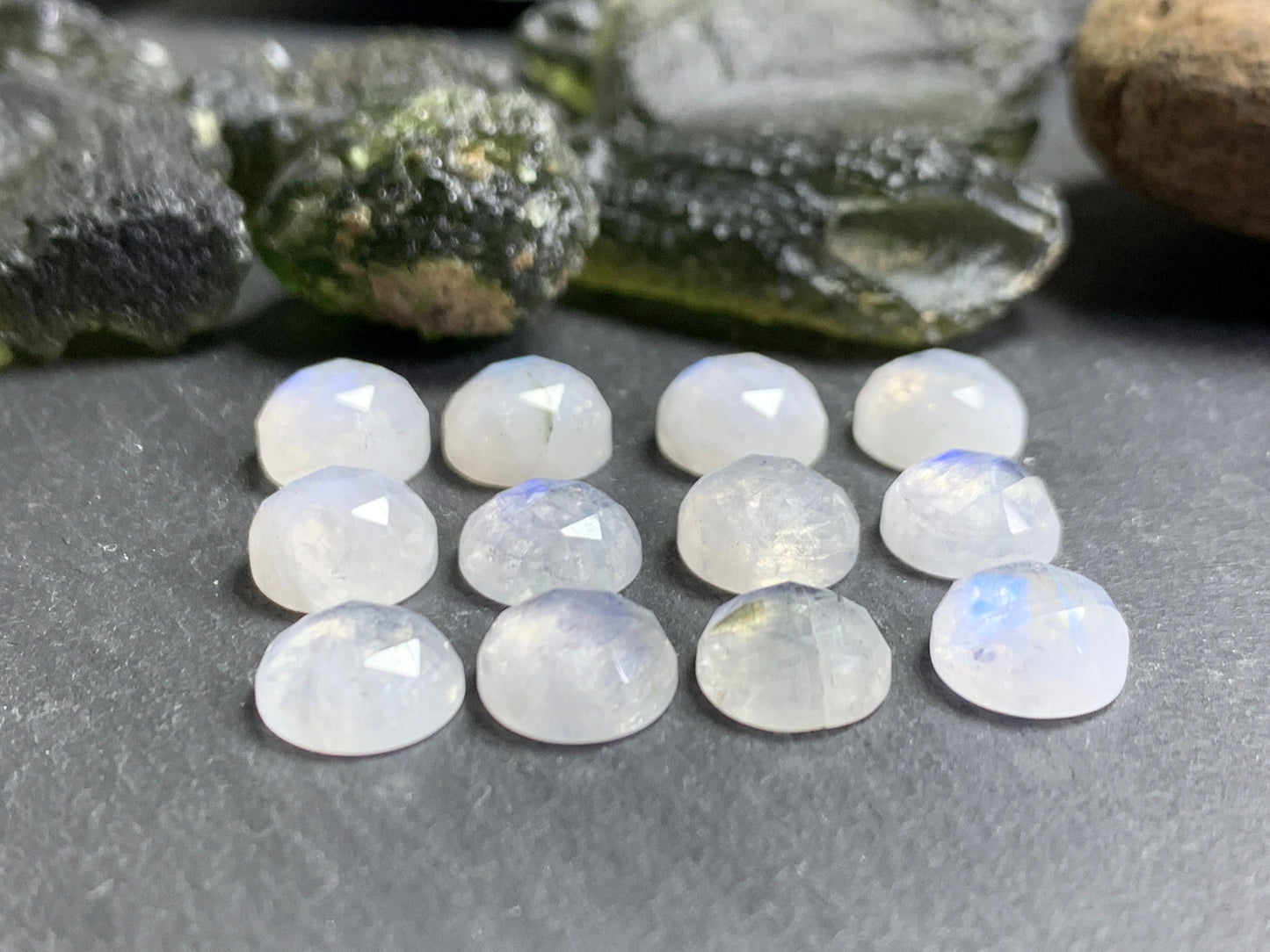 Faceted Rainbow Moonstone round 8mm cabochon