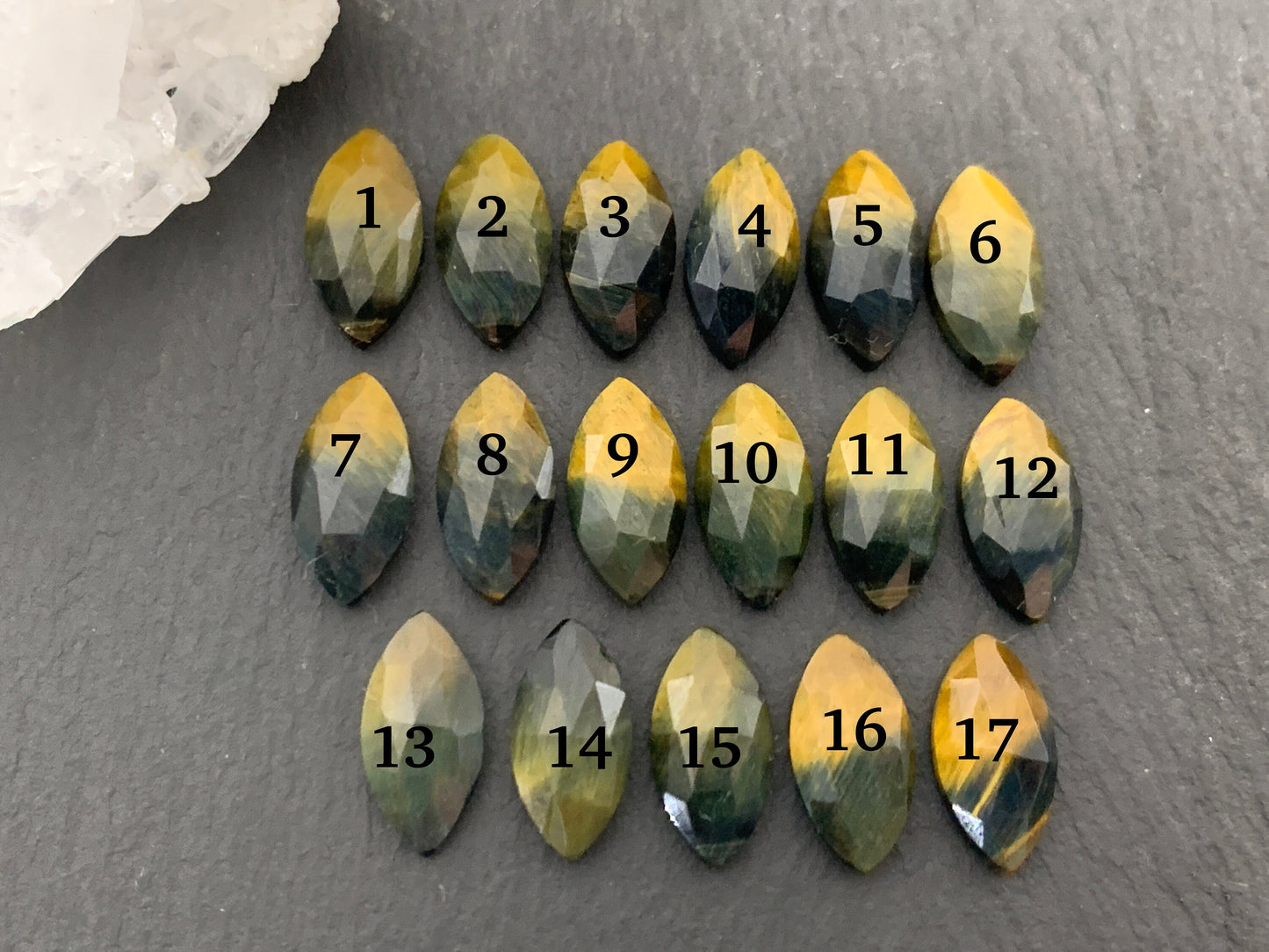 Faceted Yellow Tiger Eye marquise 7x14mm cabochon