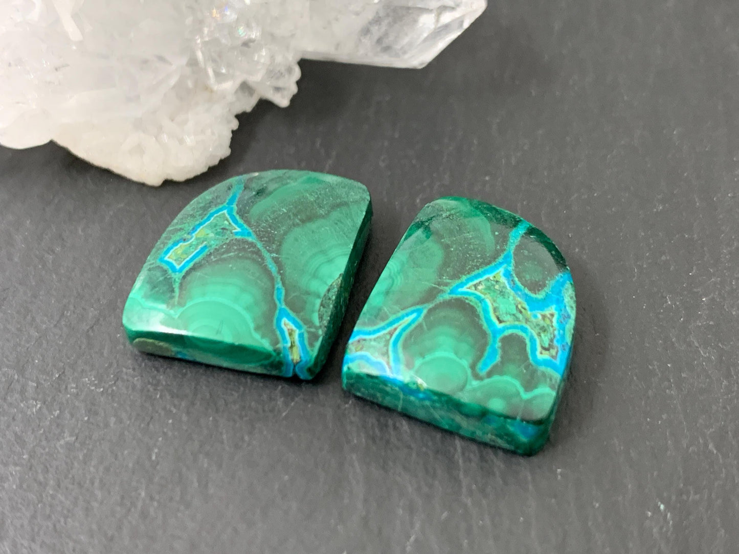 Malachite Chrysocolla free form 14x17x5mm cabochon pair