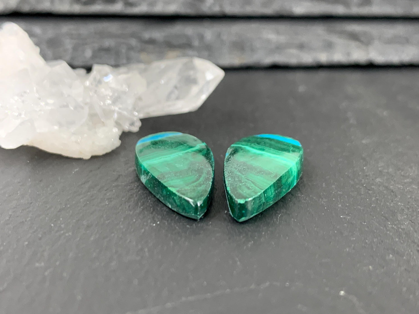 Malachite Chrysocolla pear 11x23x3.5mm cabochon pair