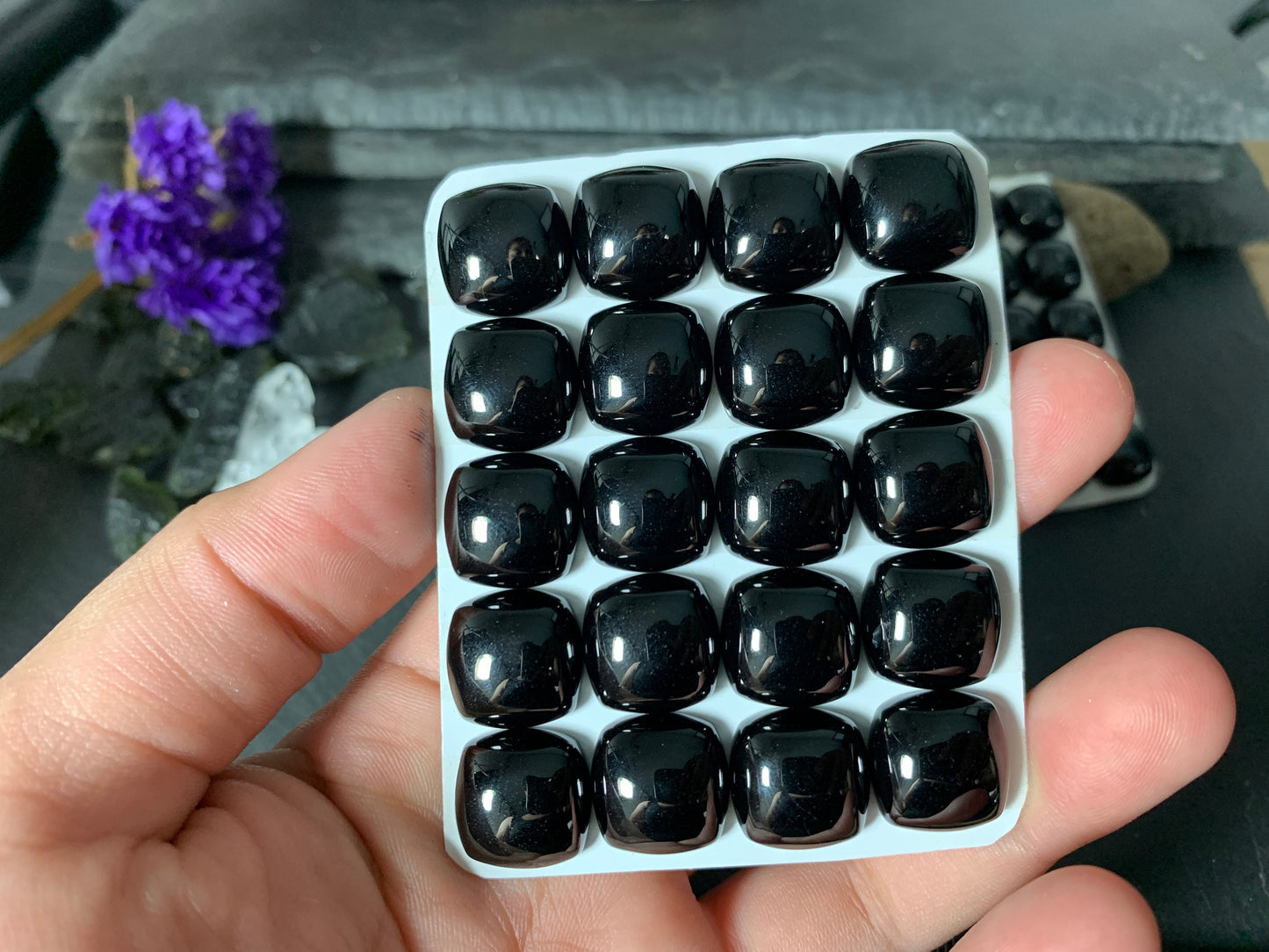 Black Spinel square cushion 12mm, 14mm cabochon - Calibrated cabochons