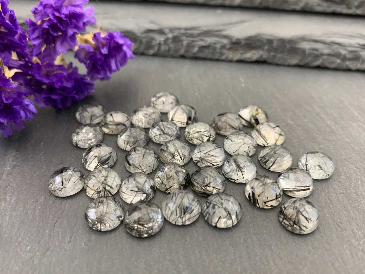 Faceted Black Rutilated Quartz round 8mm cabochon