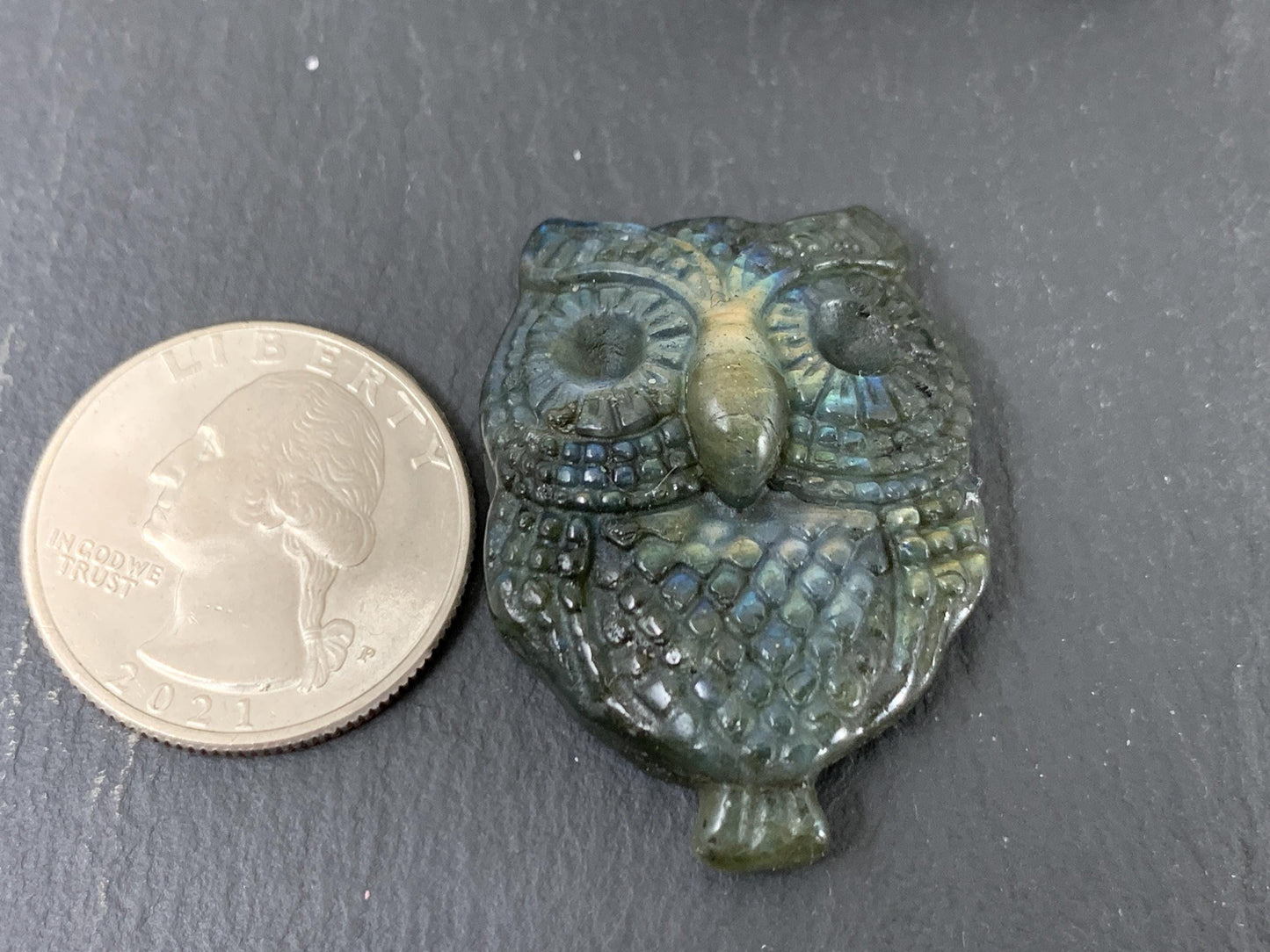 Labradorite Owl Carving - Natural 26x36mm Flat Back Gemstone