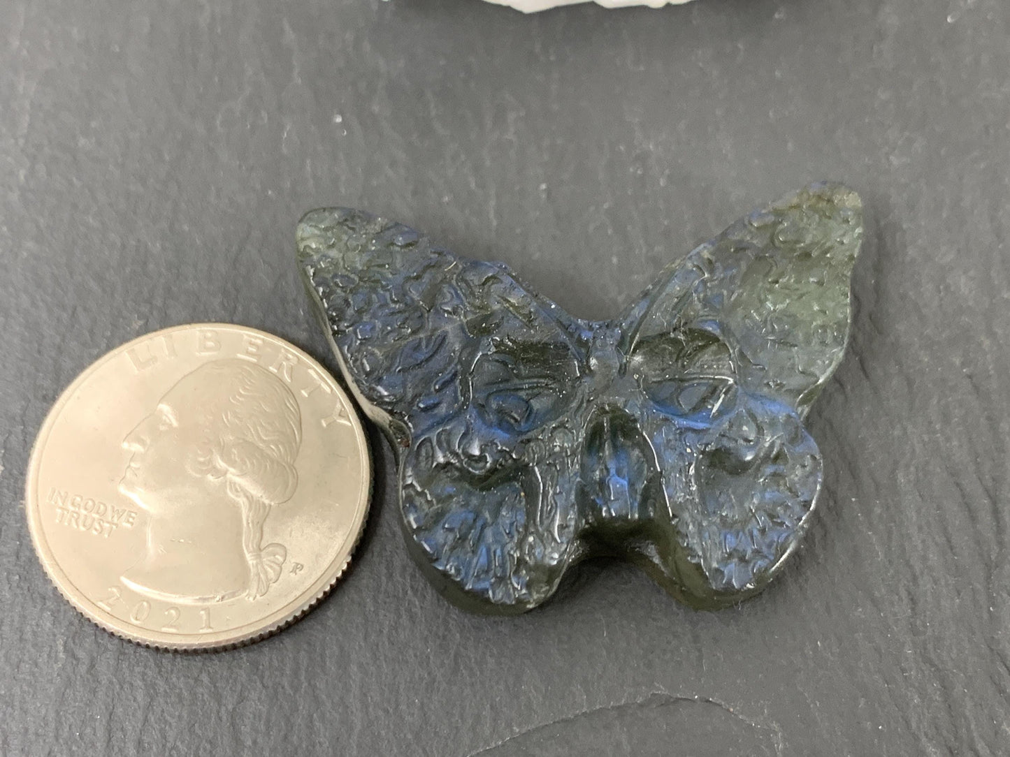 Labradorite Ghost Face Carving - 29x40mm Flat Back Butterfly Gemstone Sculpture