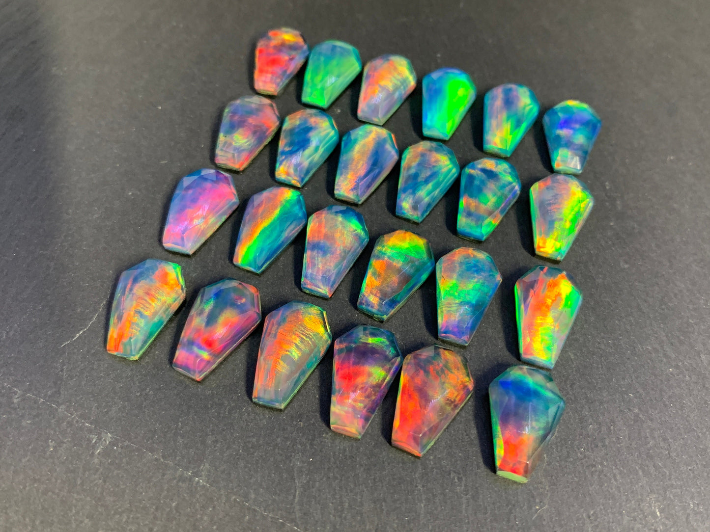 Faceted Aurora Opal coffin 10x16mm cabochon - Doublet cabochons