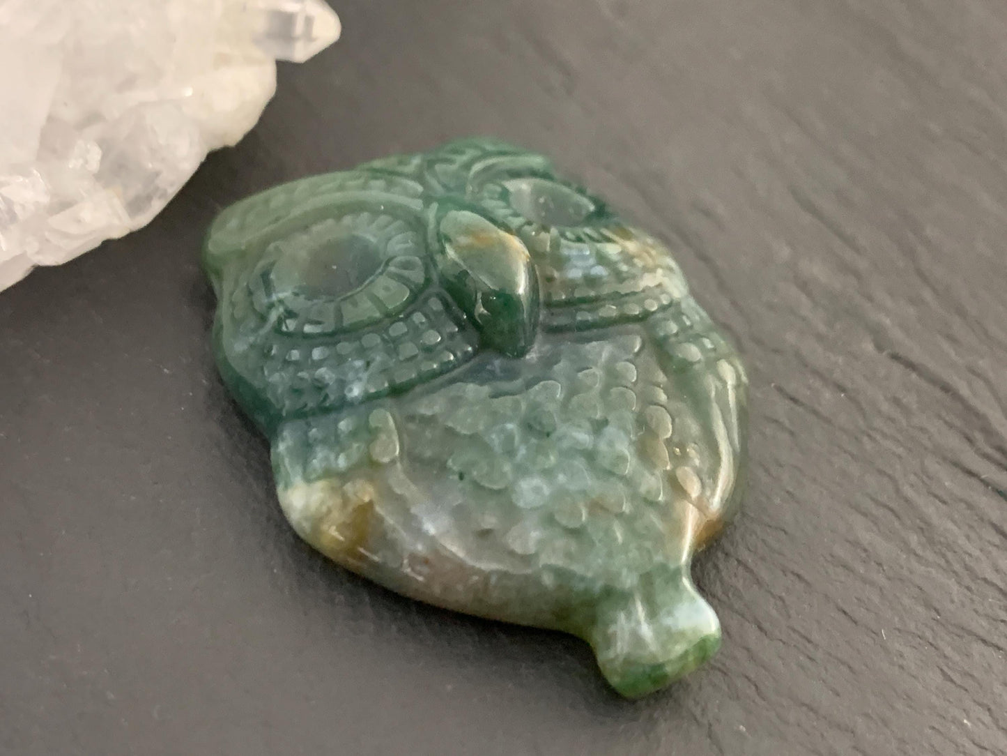 Ocean Jasper owl top drilled 26x35mm cabochon carving