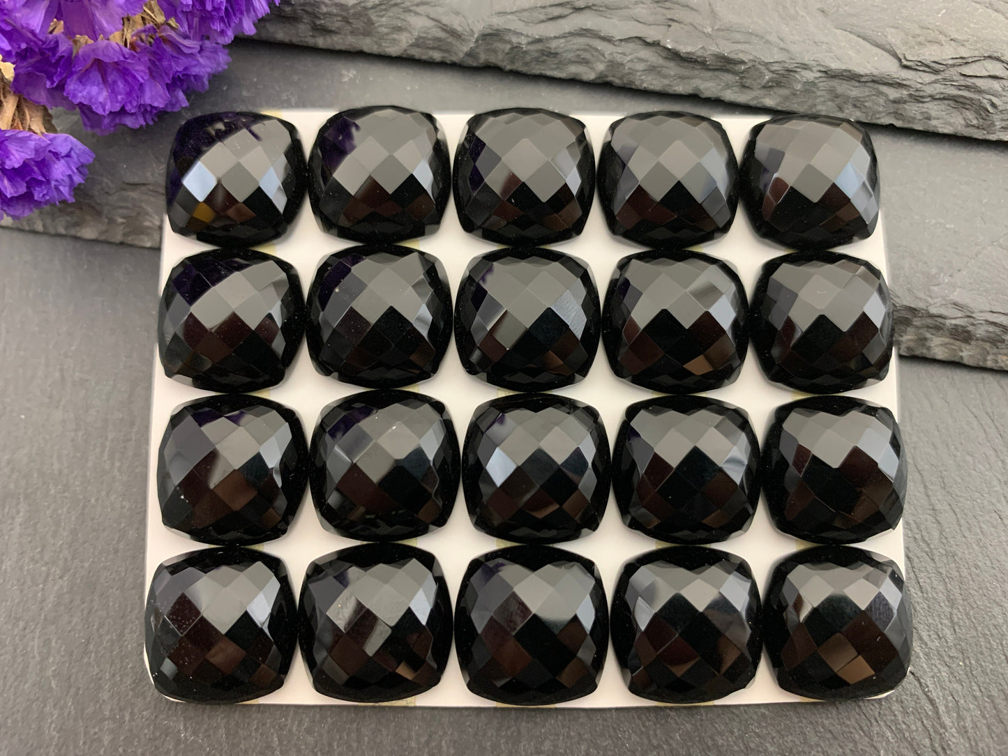 Faceted Black Agate square 16mm cabochon - Calibrated cabochons