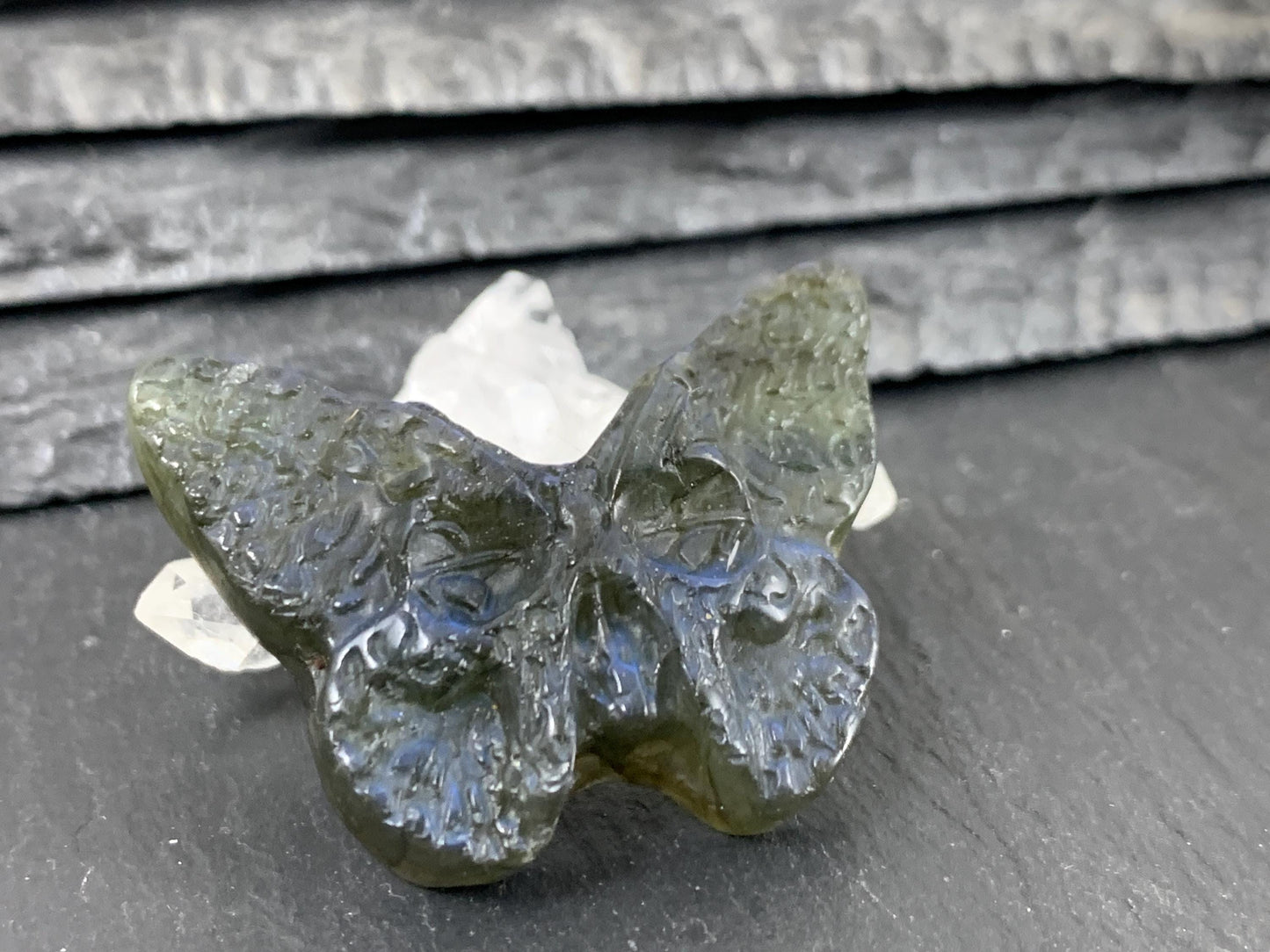 Labradorite Ghost Face Carving - 29x40mm Flat Back Butterfly Gemstone Sculpture