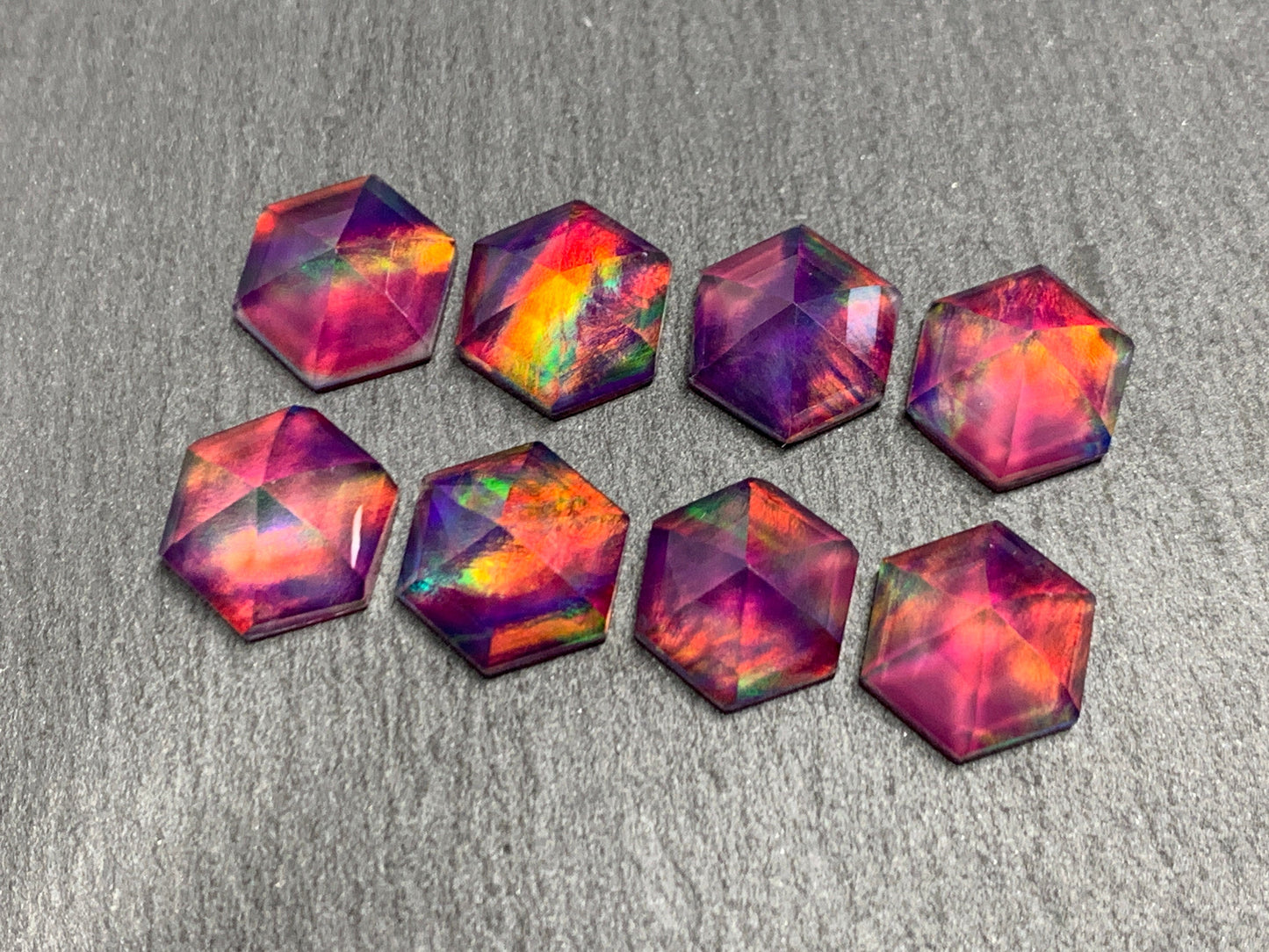 Faceted Aurora Opal hexagon 10mm cabochon - Doublet cabochons