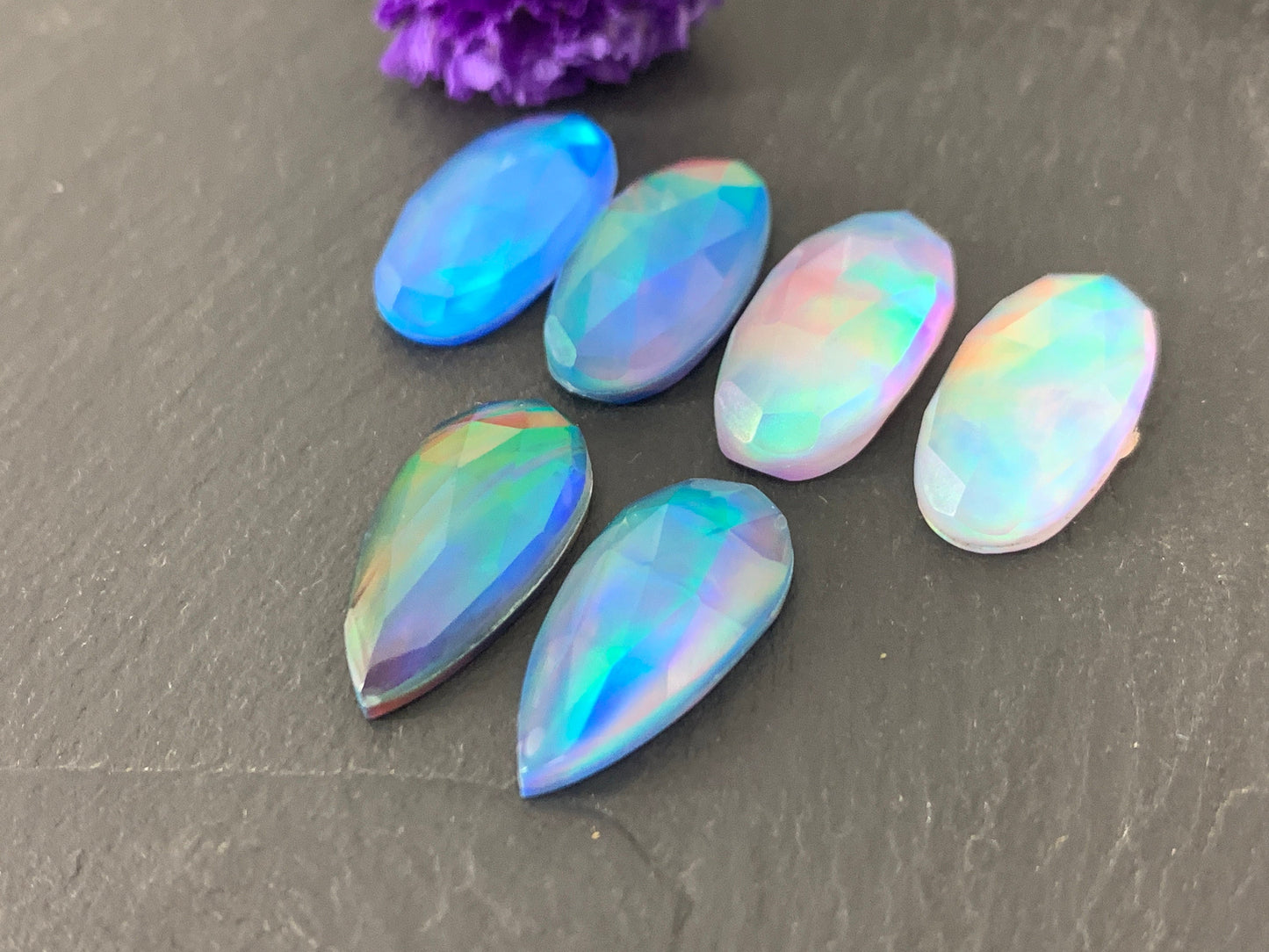 Faceted Aurora Opal oval, pear 10x20mm cabochon - Doublet cabochons