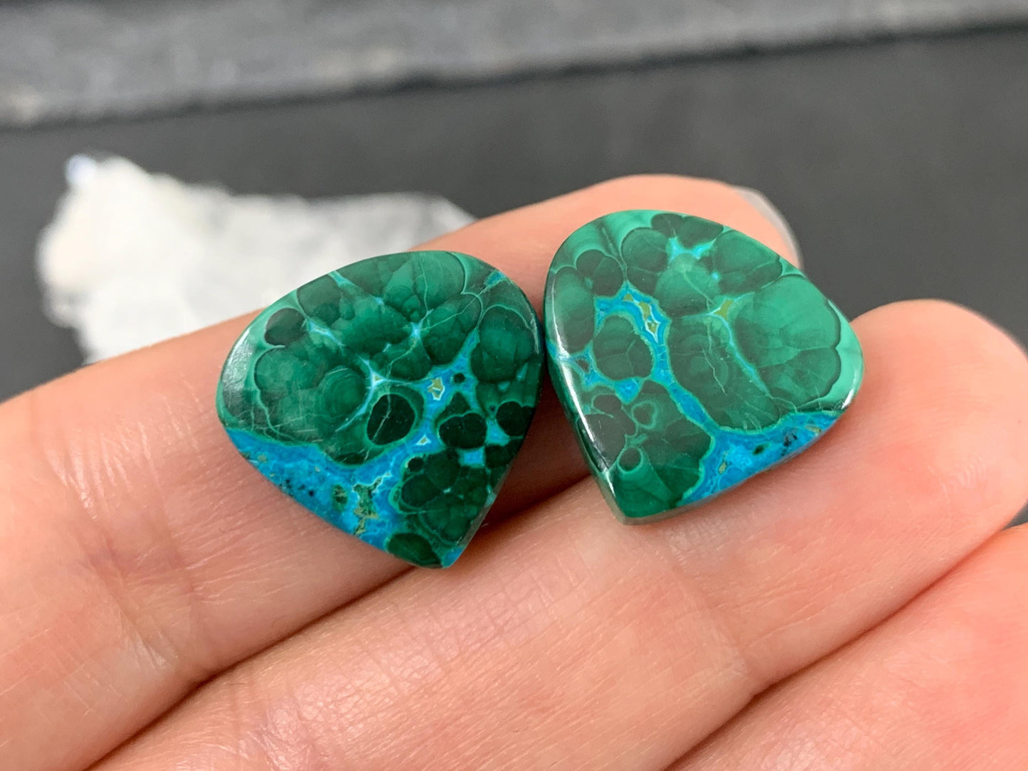 Malachite Chrysocolla pear 16x17x4mm cabochon pair