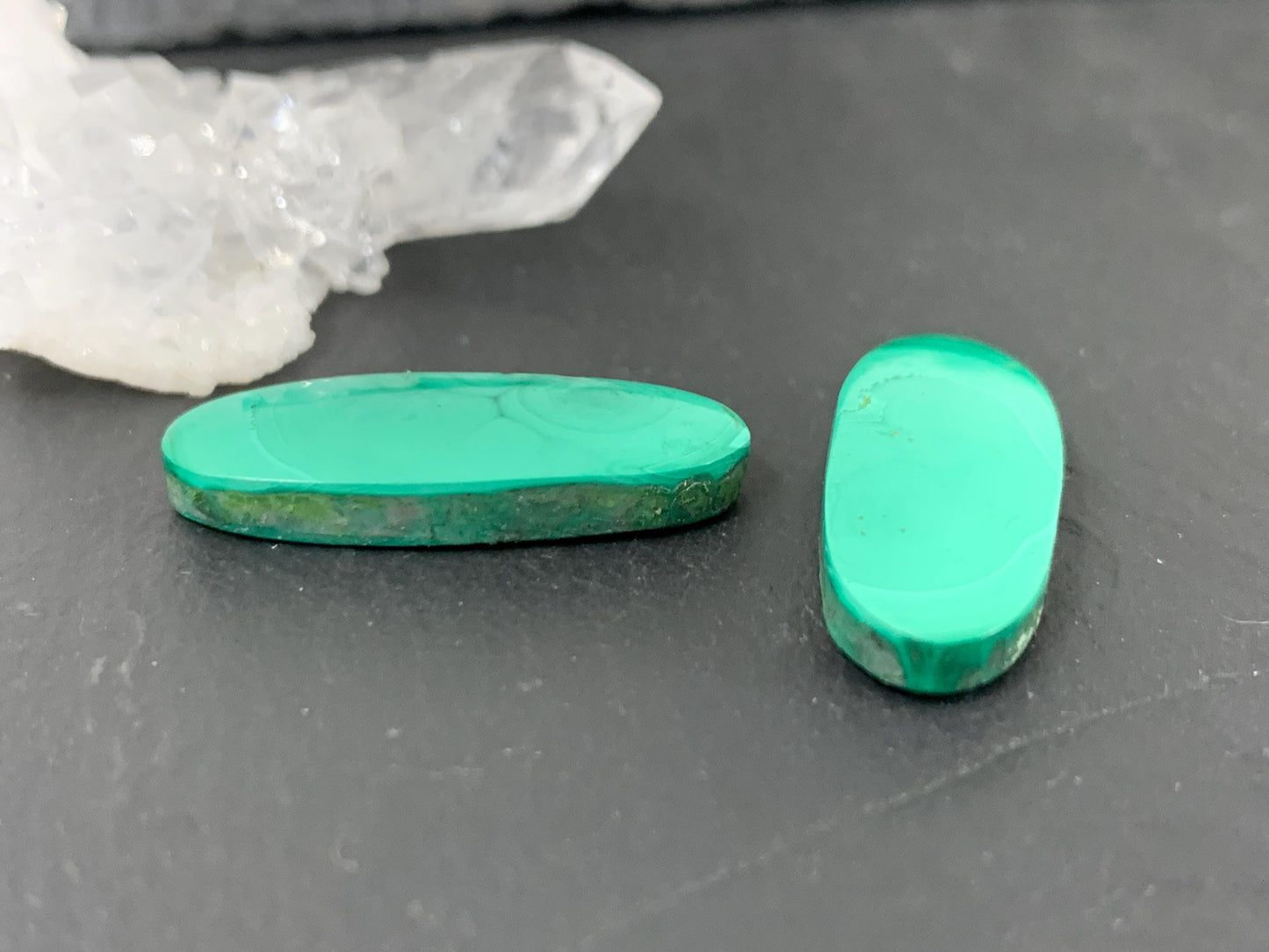 Malachite oval 9x25x4mm cabochon pair