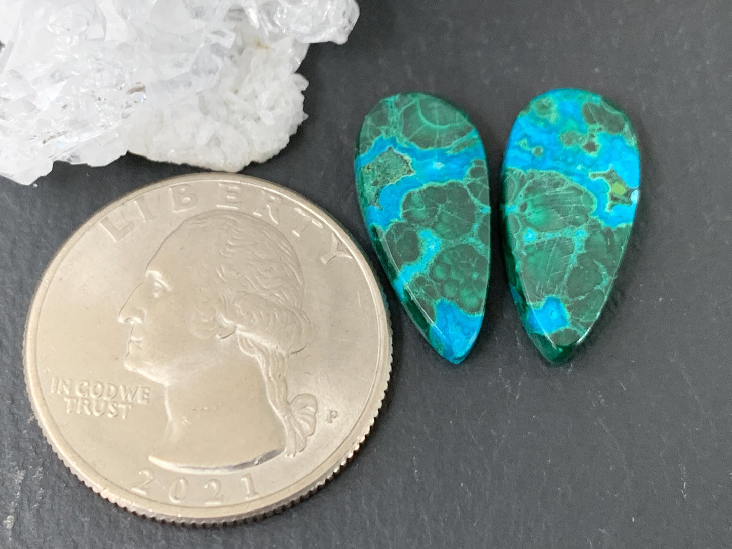 Malachite Chrysocolla pear 9x19x3.5mm cabochon pair