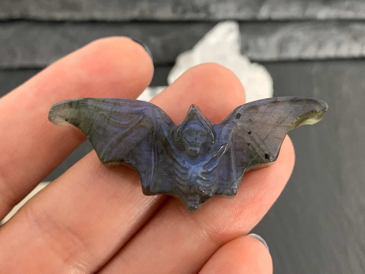 Labradorite skeleton bat 20x48mm flat back carving
