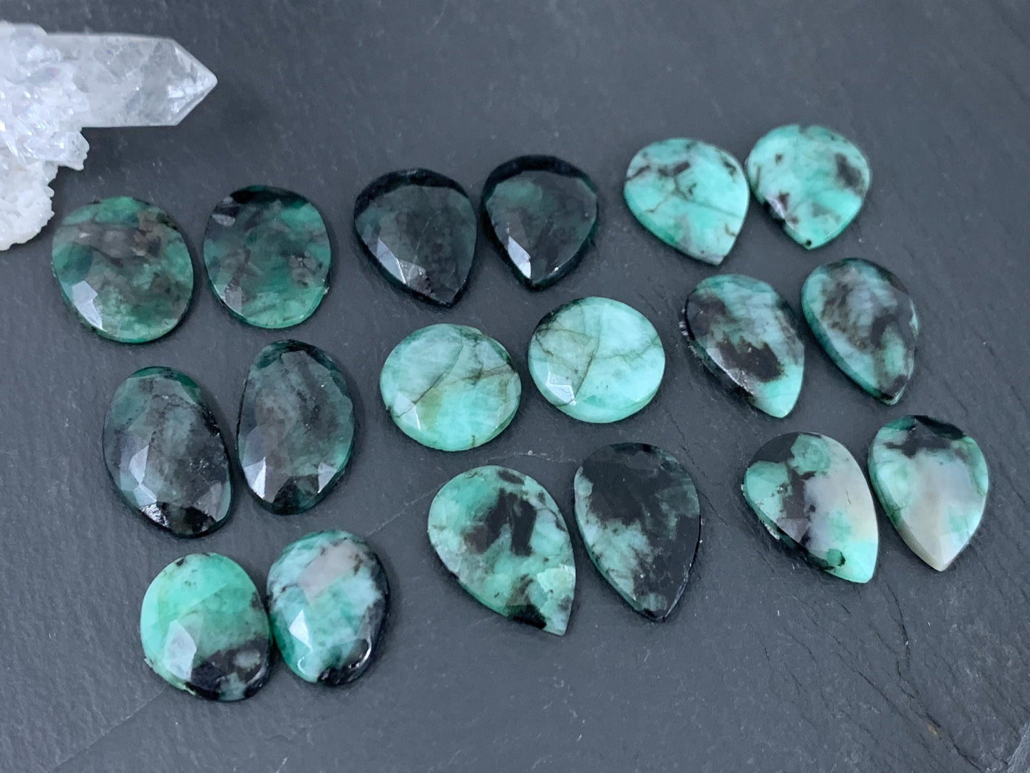 Faceted Emerald Pair 14-18mm long cabochons