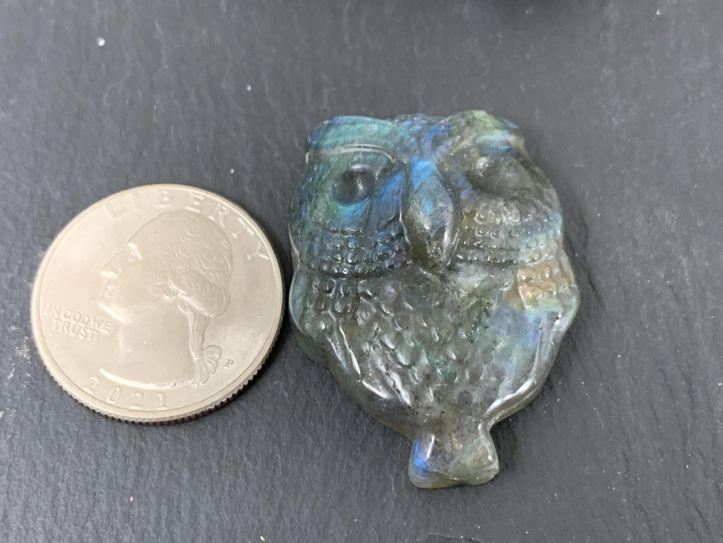 Labradorite Owl Carving - 27x35mm Natural Stone Flat Back Gem