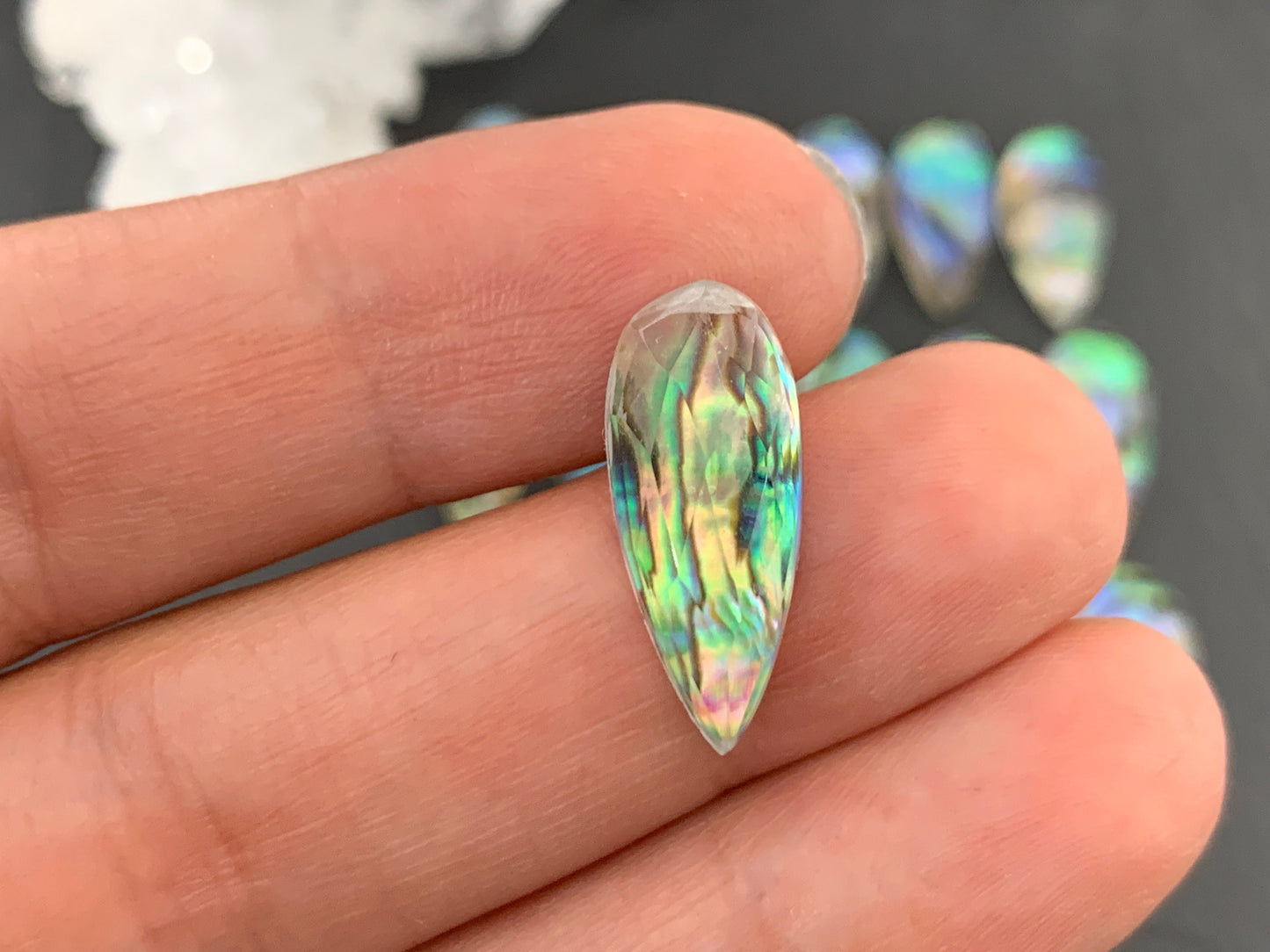 Faceted Abalone Crystal pear 10x20mm doublet cabochon