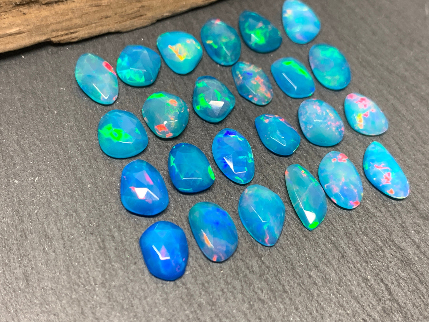 Faceted Blue Ethiopian Opal 8-10mm long cabochon