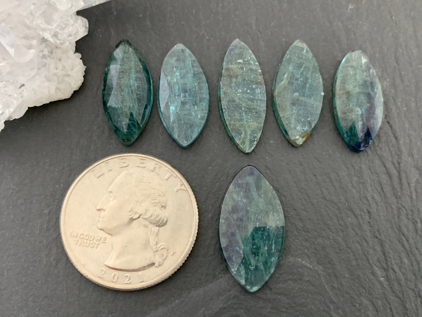 Faceted Emerald Green Kyanite marquise 21-22mm long cabochon