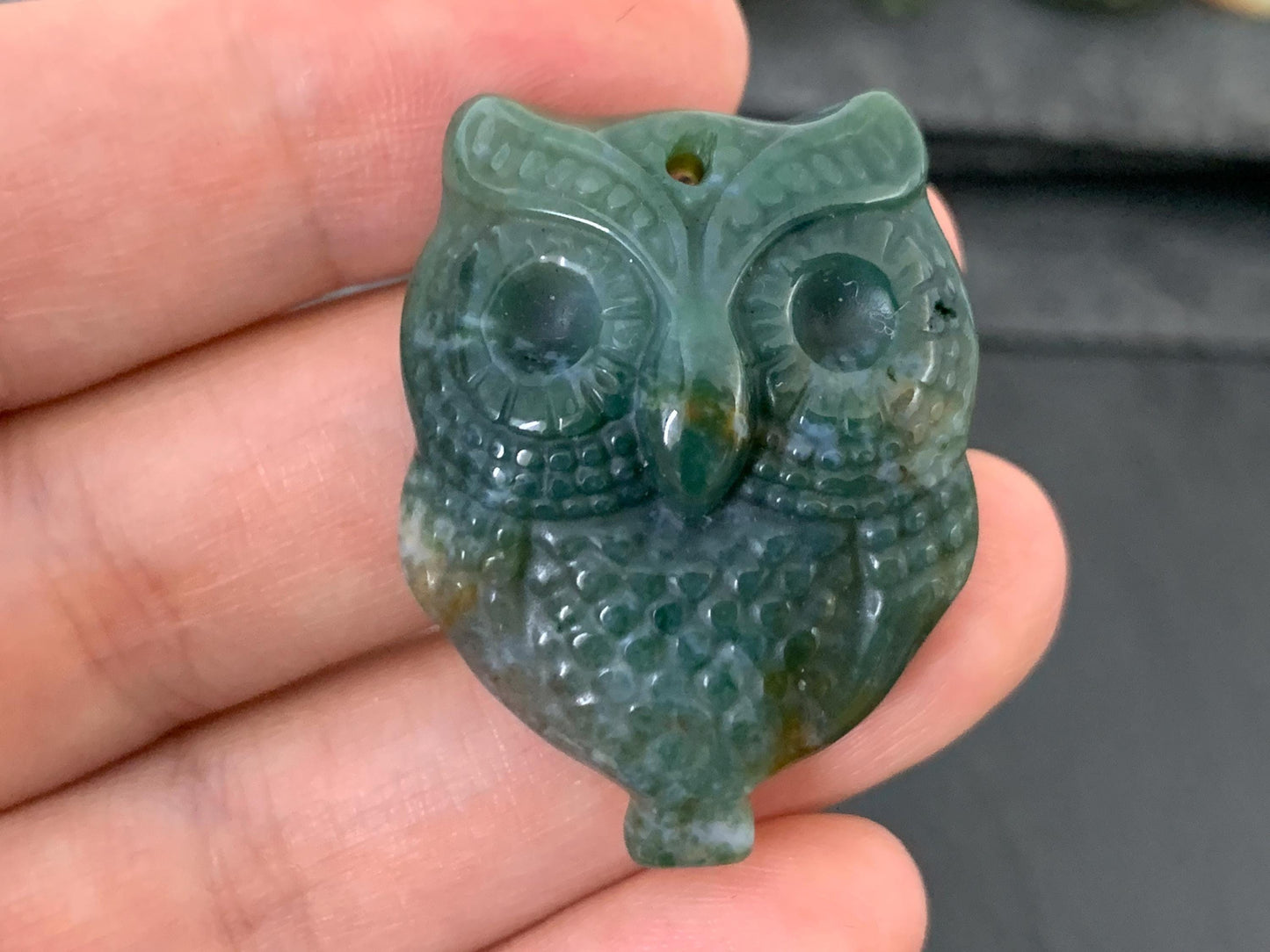 Ocean Jasper owl top drilled 26x35mm cabochon carving