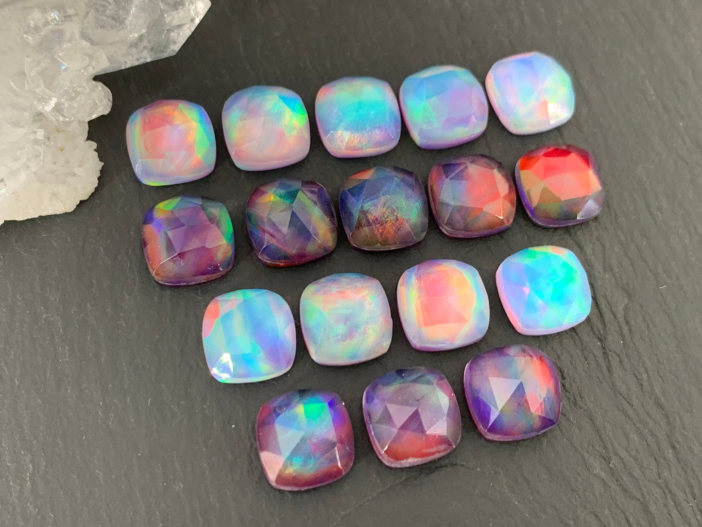 Faceted Aurora Opal square 10mm cabochon - Doublet cabochons