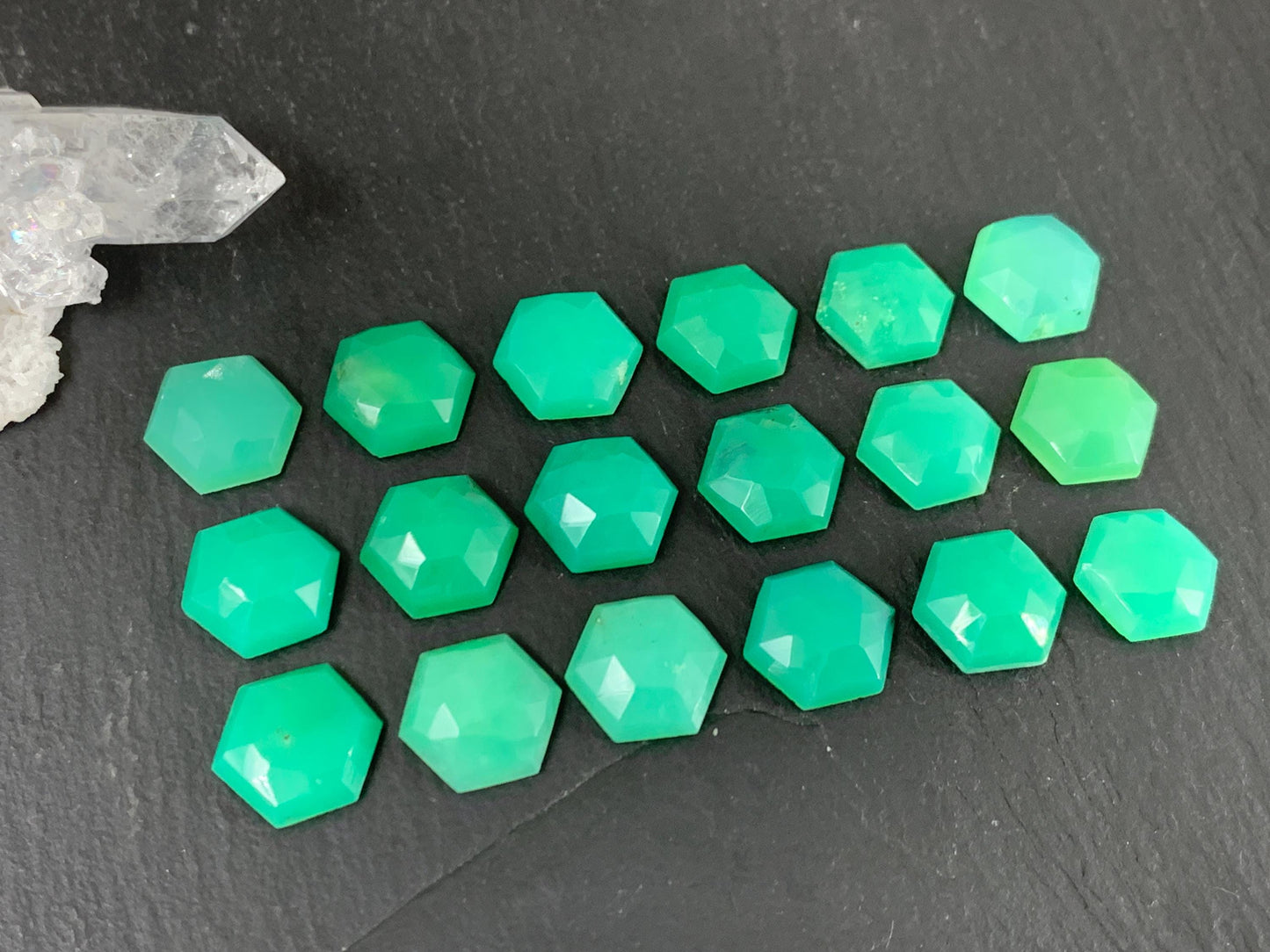Faceted Chrysoprase hexagon 10mm cabochon