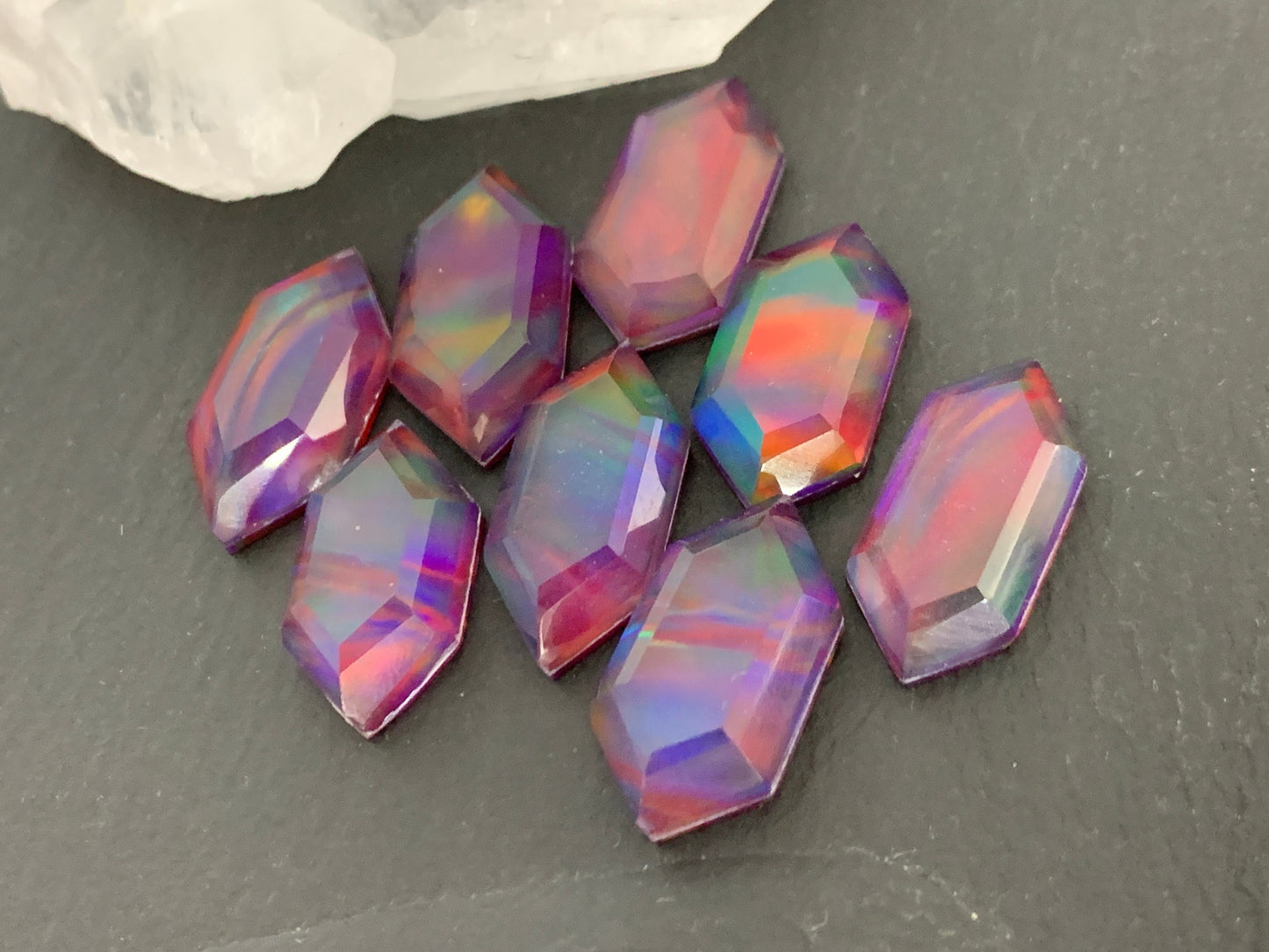 Faceted Aurora Opal long hexagon 10x20mm cabochon - Doublet cabochons