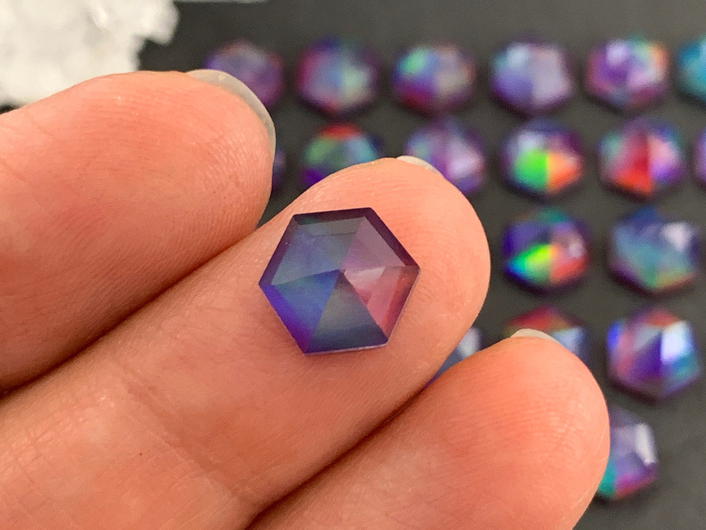 Faceted Aurora Opal hexagon 8x9mm cabochon - Doublet cabochons