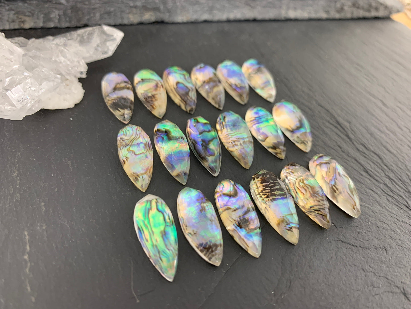 Faceted Abalone Crystal pear 10x20mm doublet cabochon