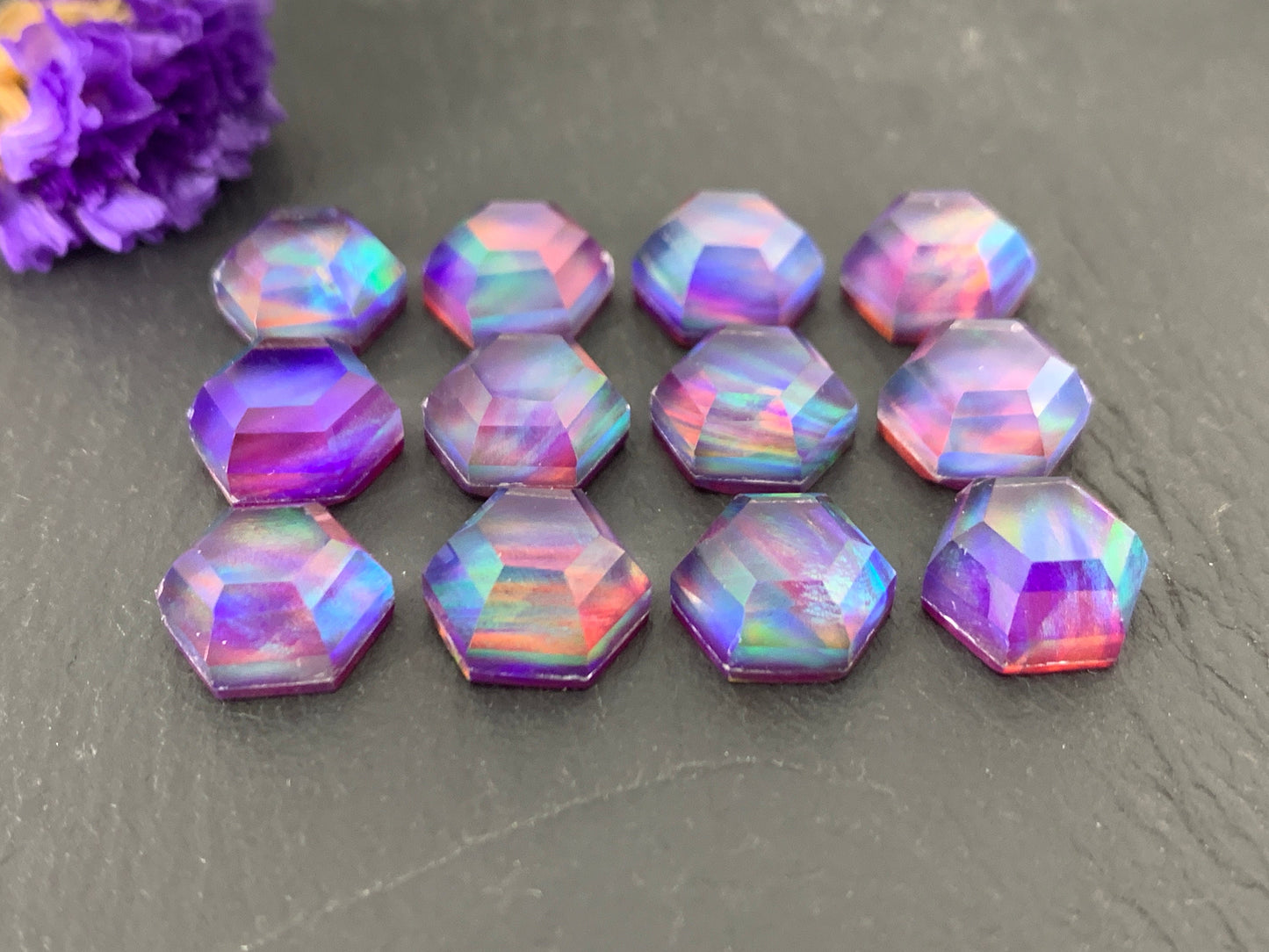 Faceted Aurora Opal hexagon 9mm cabochon - Doublet cabochons