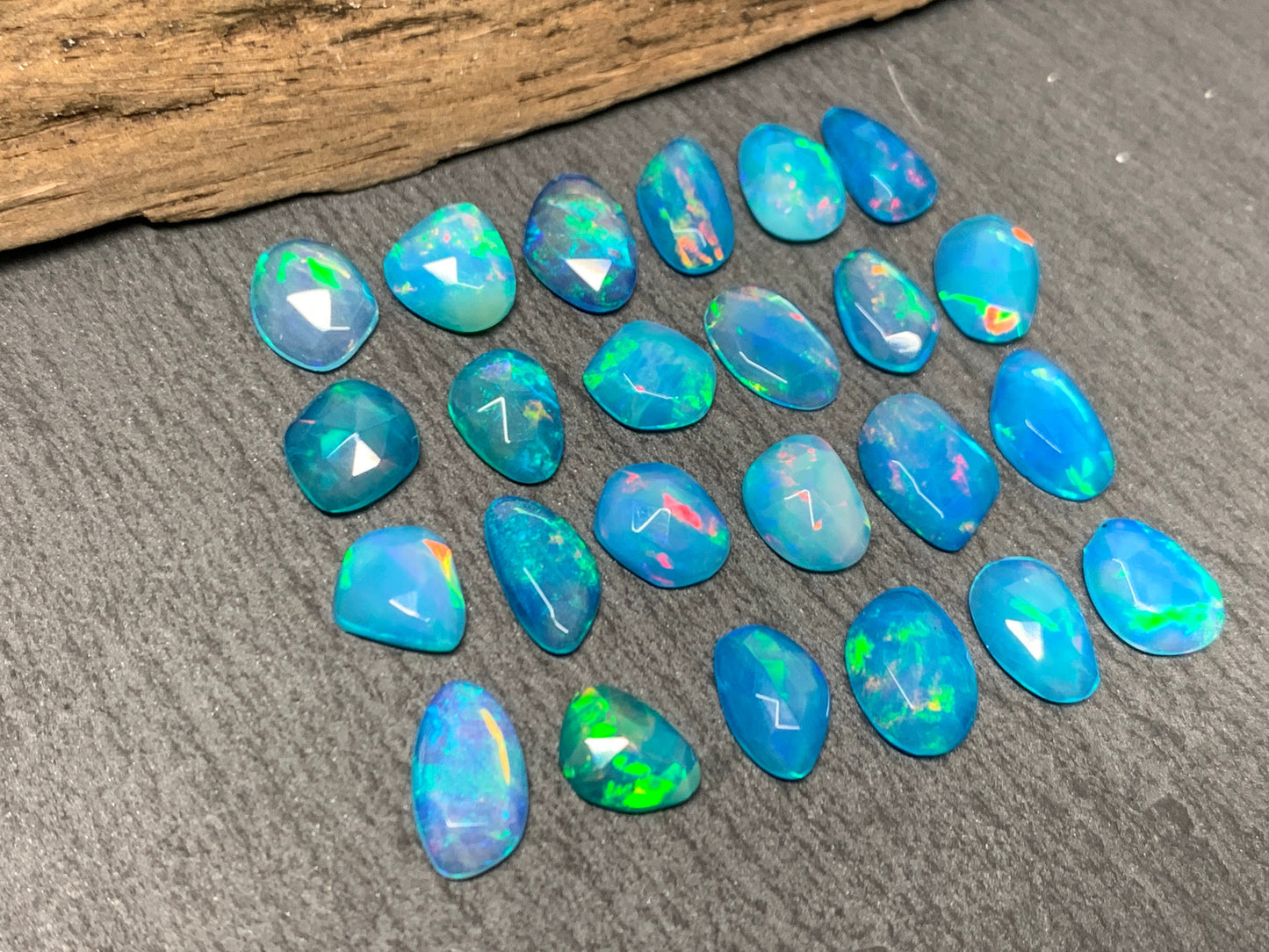 Faceted Blue Ethiopian Opal 8-10mm long cabochon