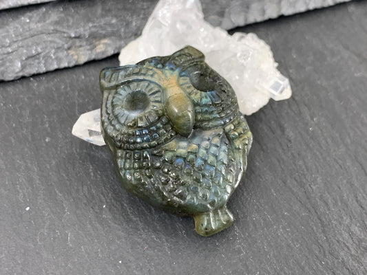 Labradorite Owl Carving - Natural 26x36mm Flat Back Gemstone
